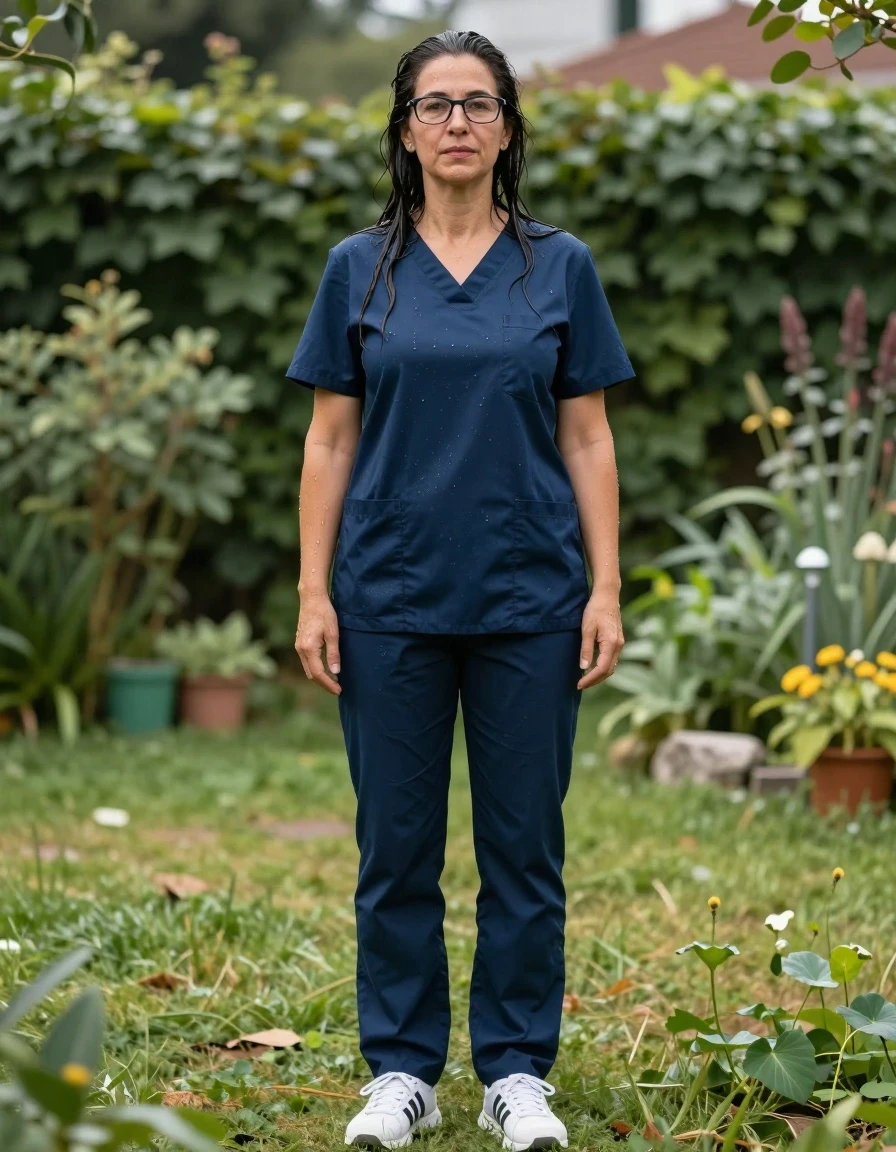 photo of young woman, in soaking wet, drenched clothes,
adidas shoes, dark blue scrubs, dark blue scrubs , after bath in sunny garden, enjoying wet clothes stuck body, enjoying, wet clothes stuck to body, 
enjoying, wet clothes stuck to body,
detailed textures of the wet clothes, wet face, wet plastered hair,
wet, drenched, professional, high-quality details, full body view.
sharp focus, ultra-high pixel detail, realistic, high-quality, full colors, incredibly detailed, 4k, 8k, 16k, hyper-realistic, RAW photo, masterpiece, ultra-detailed, professionally color graded, professional photograph, europen brunette skinny woman 50 years old, long dark black hair, very big and thick lips,  office glasses, complete body, wet skin, wet clothes, damp fabric, wet skin, wet clothes, damp fabric, wet skin, wet clothes, damp fabric, wet skin, wet clothes, damp fabric, wet skin, wet clothes, damp fabric, wet skin, wet clothes, damp fabric, wet skin, wet clothes, damp fabric