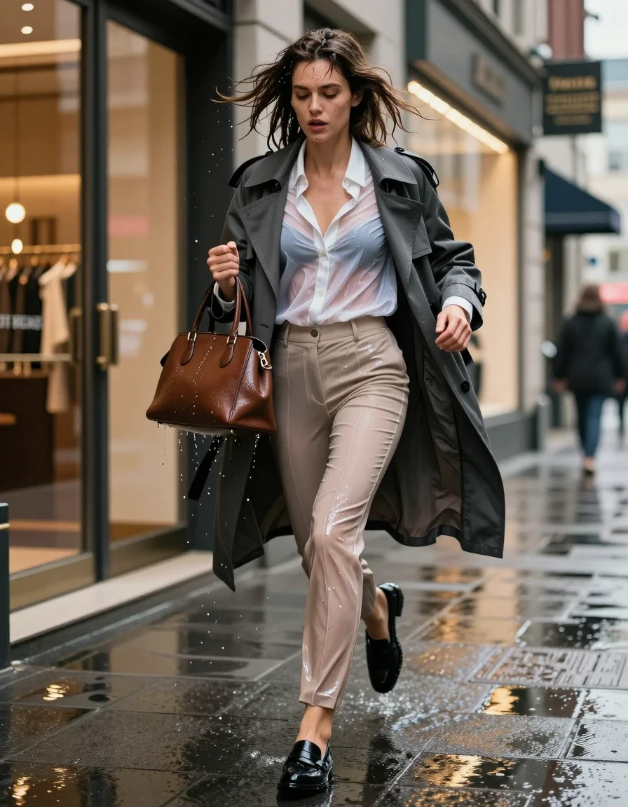 photo of young woman, in soaking wet, drenched clothes,
soaked black leather loafers with water puddles inside, translucent wet beige tailored slim-fit trousers clinging to skin, sheer saturated white button-up shirt soaked through with dark grey trench coat draped over shoulders, upscale urban shopping district sidewalk with glowing neon reflections on wet pavement, 
enjoying, wet clothes stuck to body,
detailed textures of the wet clothes, wet face, wet plastered hair,
wet, drenched, professional, high-quality details, full body view.
sharp focus, ultra-high pixel detail, realistic, high-quality, full colors, incredibly detailed, 4k, 8k, 16k, hyper-realistic, RAW photo, masterpiece, ultra-detailed, professionally color graded, professional photograph, woman frantically fumbling with a dripping designer leather handbag while rushing toward a hotel entrance, water droplets cascading off hair, hyper-realistic fabric texture, vivid editorial style, cinematic medium shot from a low angle, soft natural daylight with lens flare, high resolution., wet skin, wet clothes, damp fabric