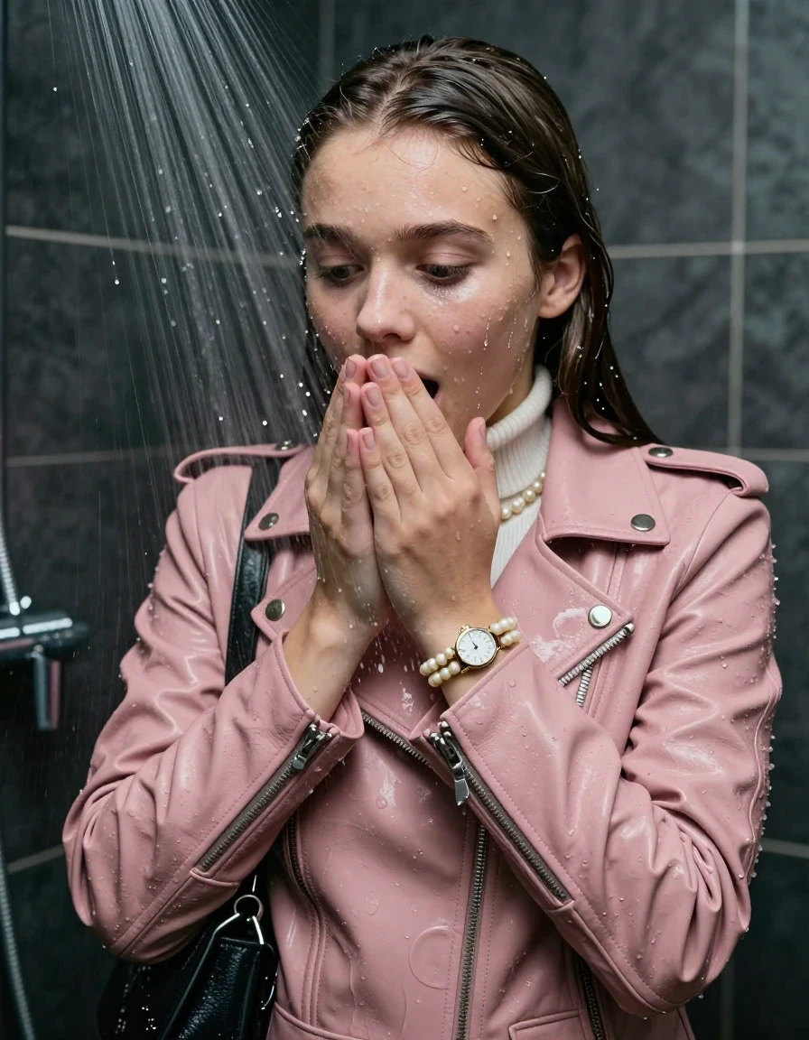 photo of young woman, in soaking wet, drenched clothes,
, , Light pink Biker leatherjacket, white knit turtleneck sweater, handbag, pearl necklace, bracelet, wristwatch, Under the shower, strong jet of water, party room, 
enjoying, wet clothes stuck to body,
detailed textures of the wet clothes, wet face, wet plastered hair,
wet, drenched, professional, high-quality details, full body view.
sharp focus, ultra-high pixel detail, realistic, high-quality, full colors, incredibly detailed, 4k, 8k, 16k, hyper-realistic, RAW photo, masterpiece, ultra-detailed, professionally color graded, professional photograph, sleek long straight hair

 15 years old  school girl

Only head and shoulders are over the surface visible. Open mouth, big eyes. Looking down. Hold her hands on her mouth.

The girls wear different clothes.

she is completely underwater up to her neck, surprised and astonished expression. 

her clothing is soaking wet and clinging tightly to her skin, showing heavy wet folds, darkened fabric texture, and deep water-saturated Patches, her clothes are heavy from the water, water runs from her body and her clothes in streams. A lot of water also runs out of her clothes. Her clothes are darkened by the water. Her submerged clothes are good visible under the water.  she soaked her handbag into the water.

close up view, wet skin, wet clothes, wet hair, damp fabric, water runs down the clothes, wet skin, wet clothes, damp fabric. cinematic medium shot, hyper-realistic wetness, high-contrast water sheen, sharp focus, 16k resolution, professional photography, realistic water physics., wet skin, wet clothes, damp fabric, wet skin, wet clothes, damp fabric, wet skin, wet clothes, damp fabric