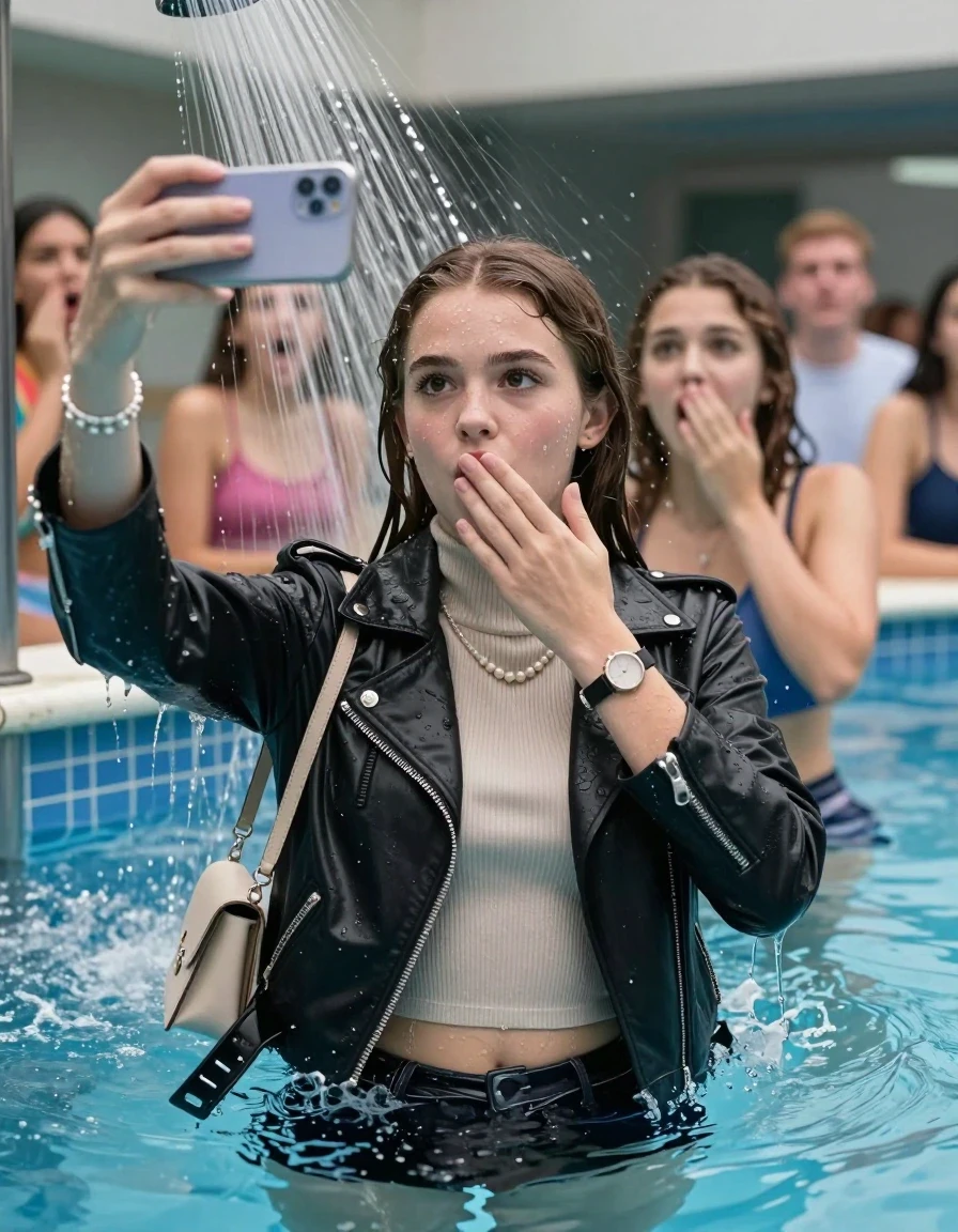 photo of young woman, in soaking wet, drenched clothes,
, , Biker leatherjacket, Tight knit turtleneck sweater belly free, handbag, pearl necklace, bracelet, wristwatch, Under the pool shower, strong jet of water, indoor swimming pool, pool party, her different clothed friends watching her shocked from the edge, 
enjoying, wet clothes stuck to body,
detailed textures of the wet clothes, wet face, wet plastered hair,
wet, drenched, professional, high-quality details, full body view.
sharp focus, ultra-high pixel detail, realistic, high-quality, full colors, incredibly detailed, 4k, 8k, 16k, hyper-realistic, RAW photo, masterpiece, ultra-detailed, professionally color graded, professional photograph, sleek long straight hair

Two 15 years old  teenage girl

Only head and shoulders are over the surface visible. Open mouth, big eyes. Looking at camera. Hold her hand in front of her mouth. take a selfie with her smartphone.

The girls wear different clothes.

she is completely underwater up to her neck, surprised and astonished expression. 

her submerged clothes are hardly vusible under water, she soaked her handbag into the water

close up view, wet skin, wet clothes, wet hair, damp fabric, water runs down the clothes, wet skin, wet clothes, damp fabric., wet skin, wet clothes, damp fabric, wet skin, wet clothes, damp fabric, wet skin, wet clothes, damp fabric, wet skin, wet clothes, damp fabric, wet skin, wet clothes, damp fabric, wet skin, wet clothes, damp fabric, wet skin, wet clothes, damp fabric, wet skin, wet clothes, damp fabric, wet skin, wet clothes, damp fabric