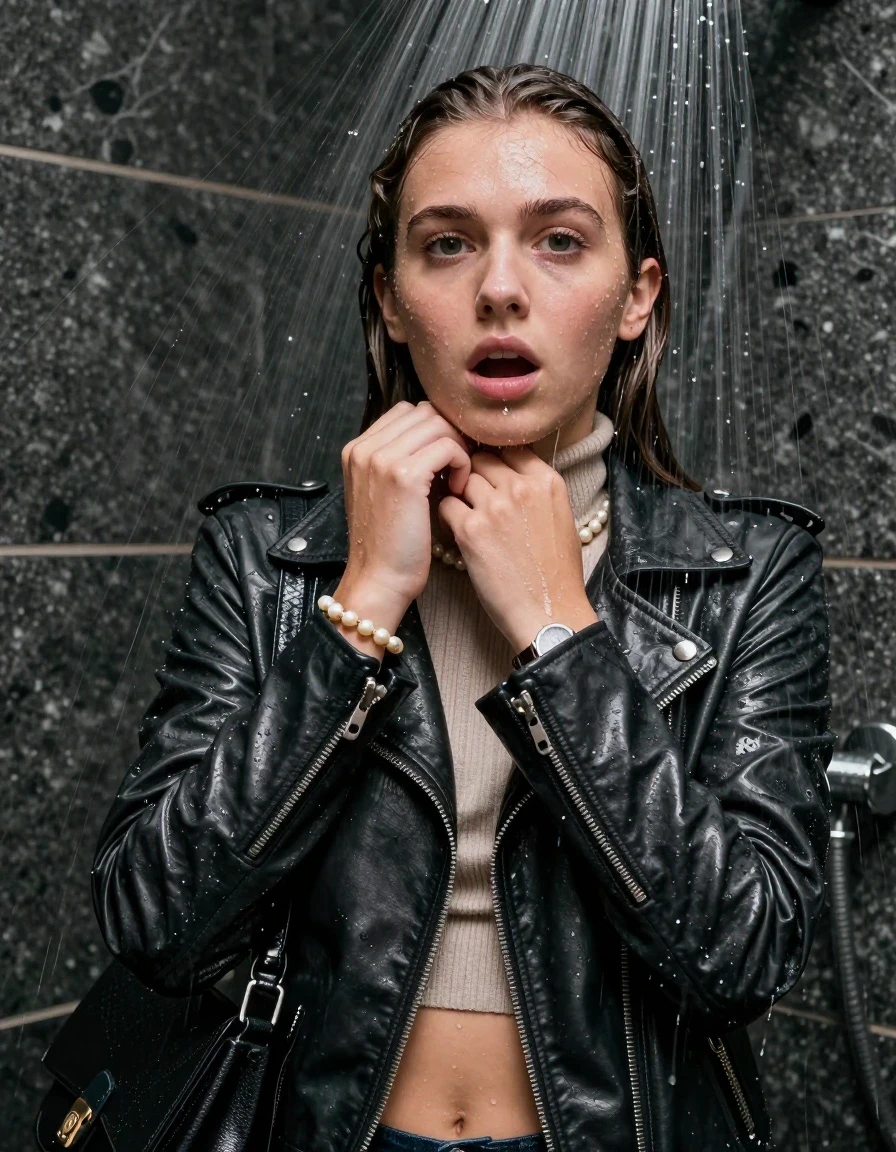 photo of young woman, in soaking wet, drenched clothes,
, , Biker leatherjacket, knit turtleneck sweater belly free, handbag, pearl necklace, bracelet, wristwatch, Under the shower, strong jet of water, party shower, 
enjoying, wet clothes stuck to body,
detailed textures of the wet clothes, wet face, wet plastered hair,
wet, drenched, professional, high-quality details, full body view.
sharp focus, ultra-high pixel detail, realistic, high-quality, full colors, incredibly detailed, 4k, 8k, 16k, hyper-realistic, RAW photo, masterpiece, ultra-detailed, professionally color graded, professional photograph, sleek long straight hair

 15 years old  teenage girl

Only head and shoulders are over the surface visible. Looking at camera. Hold her hand in front of her chin. open mouth.

The girls wear different clothes.

she is completely underwater up to her neck, shocked and embarrassed expression. 

her clothing is soaking wet and clinging tightly to her skin, showing heavy wet folds, darkened fabric texture, and deep water-saturated Patches, her clothes are heavy from the water, water runs from her body and her clothes in streams. A lot of water also runs out of her clothes. Her clothes are darkened by the water. Her submerged clothes are good visible under the water.  she soaked her handbag into the water.

close up view, wet skin, wet clothes, wet hair, damp fabric, water runs down the clothes, wet skin, wet clothes, damp fabric. cinematic medium shot, hyper-realistic wetness, high-contrast water sheen, sharp focus, 8k resolution, professional photography, realistic water physics., wet skin, wet clothes, damp fabric, wet skin, wet clothes, damp fabric, wet skin, wet clothes, damp fabric