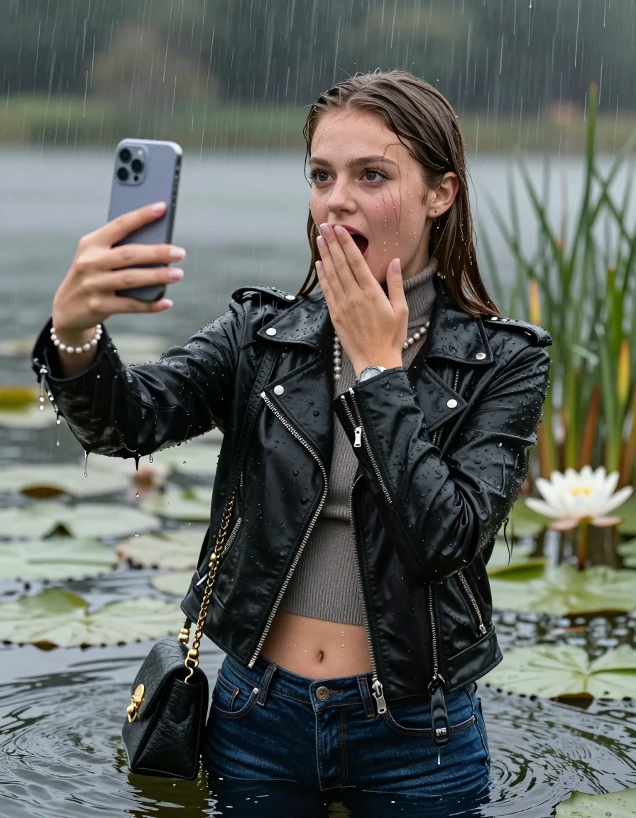 photo of young woman, in soaking wet, drenched clothes,
, skinny jeans, Black Biker leatherjacket, tight knit turtleneck sweater belly free, handbag, pearl necklace, bracelet, wristwatch, Emerging after diving in a lake with water lilies and reeds, heavy rain falls directely on her heads, 
enjoying, wet clothes stuck to body,
detailed textures of the wet clothes, wet face, wet plastered hair,
wet, drenched, professional, high-quality details, full body view.
sharp focus, ultra-high pixel detail, realistic, high-quality, full colors, incredibly detailed, 4k, 8k, 16k, hyper-realistic, RAW photo, masterpiece, ultra-detailed, professionally color graded, professional photograph, sleek long straight hair

15 years old  teenage girls

Only head and shoulders are over the surface visible. Open mouth, big eyes. Looking at camera. hold one hand on her mouth and take with the other hand a selfie with her smartphone. Eyeliner is running down the cheeks.

The girls wear different clothes.

she is completely underwater up to her neck, horny and astonished expression. 

her clothing is soaking wet and clinging tightly to her skin, showing heavy wet folds, darkened fabric texture, and deep water-saturated Patches, her clothes are heavy from the water, water runs from her body and her clothes in streams. A lot of water also runs out of her clothes. Her clothes are darkened by the water. Her submerged clothes are good visible under the water.  she soaked her handbag into the water.

close up view, wet skin, wet clothes, wet hair, damp fabric, water runs down the clothes, wet skin, wet clothes, damp fabric. cinematic medium shot, hyper-realistic wetness, high-contrast water sheen, sharp focus, 16k resolution, professional photography, realistic water physics., wet skin, wet clothes, damp fabric, wet skin, wet clothes, damp fabric, wet skin, wet clothes, damp fabric