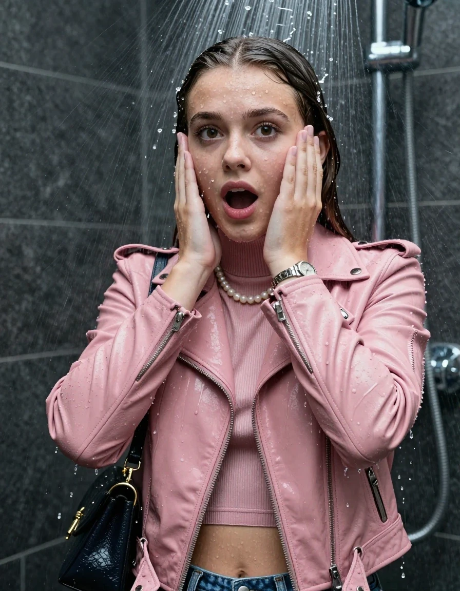 photo of young woman, in soaking wet, drenched clothes,
, , light pink biker leatherjacket, tight knit turtleneck sweater belly free, handbag, pearl necklace, bracelet, wristwatch, Under the shower, strong jet of water, party shower, 
enjoying, wet clothes stuck to body,
detailed textures of the wet clothes, wet face, wet plastered hair,
wet, drenched, professional, high-quality details, full body view.
sharp focus, ultra-high pixel detail, realistic, high-quality, full colors, incredibly detailed, 4k, 8k, 16k, hyper-realistic, RAW photo, masterpiece, ultra-detailed, professionally color graded, professional photograph, sleek long straight hair

 15 years old  teenage girl

Only head and shoulders are over the surface visible. Looking at camera. The water splashes directly into her face. Hold her hands over her face.  open mouth, big eyes.

The girls wear different clothes.

she is completely underwater up to her neck, shocked and embarrassed expression. 

her clothing is soaking wet and clinging tightly to her skin, showing heavy wet folds, darkened fabric texture, and deep water-saturated Patches, her clothes are heavy from the water, water runs from her body and her clothes in streams. A lot of water also runs out of her clothes. Her clothes are darkened by the water. Her submerged clothes are good visible under the water.  she soaked her handbag into the water.

close up view, wet skin, wet clothes, wet hair, damp fabric, water runs down the clothes, wet skin, wet clothes, damp fabric. cinematic medium shot, hyper-realistic wetness, high-contrast water sheen, sharp focus, 16k resolution, professional photography, realistic water physics., wet skin, wet clothes, damp fabric, wet skin, wet clothes, damp fabric, wet skin, wet clothes, damp fabric, wet skin, wet clothes, damp fabric