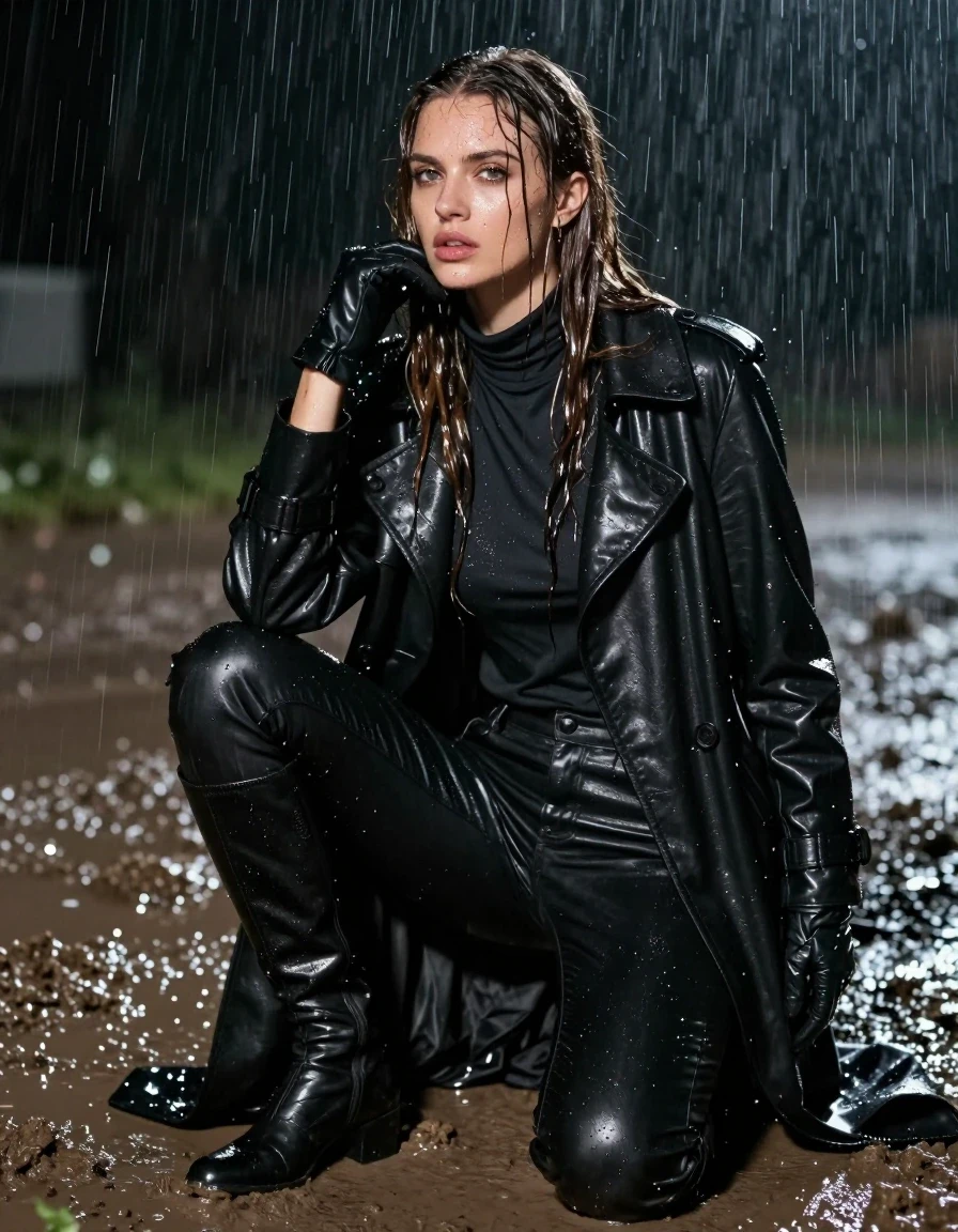photo of young woman, in soaking wet, drenched clothes,
black leather knee-high boots, black leather jeans, oversize black leather polar neck shirt, leather gloves on both hands, black leather trench coat, kneeling in a mud pit, drenched, at night, heavy rain, 
enjoying, wet clothes stuck to body,
detailed textures of the wet clothes, wet face, wet plastered hair,
wet, drenched, professional, high-quality details, full body view.
sharp focus, ultra-high pixel detail, realistic, high-quality, full colors, incredibly detailed, 4k, 8k, 16k, hyper-realistic, RAW photo, masterpiece, ultra-detailed, professionally color graded, professional photograph, white woman, long dripping wet brown hair,, wet skin, wet clothes, damp fabric, wet skin, wet clothes, damp fabric