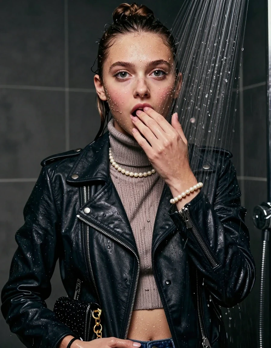 photo of young woman, in soaking wet, drenched clothes,
, , Biker leatherjacket, knit turtleneck sweater belly free, handbag, pearl necklace, bracelet, wristwatch, Under the shower, strong jet of water, party room, 
enjoying, wet clothes stuck to body,
detailed textures of the wet clothes, wet face, wet plastered hair,
wet, drenched, professional, high-quality details, full body view.
sharp focus, ultra-high pixel detail, realistic, high-quality, full colors, incredibly detailed, 4k, 8k, 16k, hyper-realistic, RAW photo, masterpiece, ultra-detailed, professionally color graded, professional photograph, topknot

 15 years old  teenage girl

Only head and shoulders are over the surface visible. Open mouth, big eyes. Looking at camera. Hold her hand on her mouth.

The girls wear different clothes.

she is completely underwater up to her neck, afraid and astonished expression. 

her clothing is soaking wet and clinging tightly to her skin, showing heavy wet folds, darkened fabric texture, and deep water-saturated Patches, her clothes are heavy from the water, water runs from her body and her clothes in streams. A lot of water also runs out of her clothes. Her clothes are darkened by the water. Her submerged clothes are good visible under the water.  she soaked her handbag into the water.

close up view, wet skin, wet clothes, wet hair, damp fabric, water runs down the clothes, wet skin, wet clothes, damp fabric. cinematic medium shot, hyper-realistic wetness, high-contrast water sheen, sharp focus, 8k resolution, professional photography, realistic water physics., wet skin, wet clothes, damp fabric, wet skin, wet clothes, damp fabric