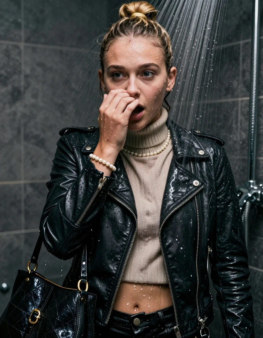 photo of young woman, in soaking wet, drenched clothes,
, , Biker leatherjacket, knit turtleneck sweater belly free, handbag, pearl necklace, bracelet, wristwatch, Under the shower, strong jet of water, party room, 
enjoying, wet clothes stuck to body,
detailed textures of the wet clothes, wet face, wet plastered hair,
wet, drenched, professional, high-quality details, full body view.
sharp focus, ultra-high pixel detail, realistic, high-quality, full colors, incredibly detailed, 4k, 8k, 16k, hyper-realistic, RAW photo, masterpiece, ultra-detailed, professionally color graded, professional photograph, Blonde topknot

 15 years old  teenage girl

Only head and shoulders are over the surface visible. Looking at camera. Hold her hand in front of her nose. Open mouth, big eyes.

The girls wear different clothes.

she is completely underwater up to her neck, afraid and astonished expression. 

her clothing is soaking wet and clinging tightly to her skin, showing heavy wet folds, darkened fabric texture, and deep water-saturated Patches, her clothes are heavy from the water, water runs from her body and her clothes in streams. A lot of water also runs out of her clothes. Her clothes are darkened by the water. Her submerged clothes are good visible under the water.  she soaked her handbag into the water.

close up view, wet skin, wet clothes, wet hair, damp fabric, water runs down the clothes, wet skin, wet clothes, damp fabric. cinematic medium shot, hyper-realistic wetness, high-contrast water sheen, sharp focus, 16k resolution, professional photography, realistic water physics., wet skin, wet clothes, damp fabric, wet skin, wet clothes, damp fabric, wet skin, wet clothes, damp fabric