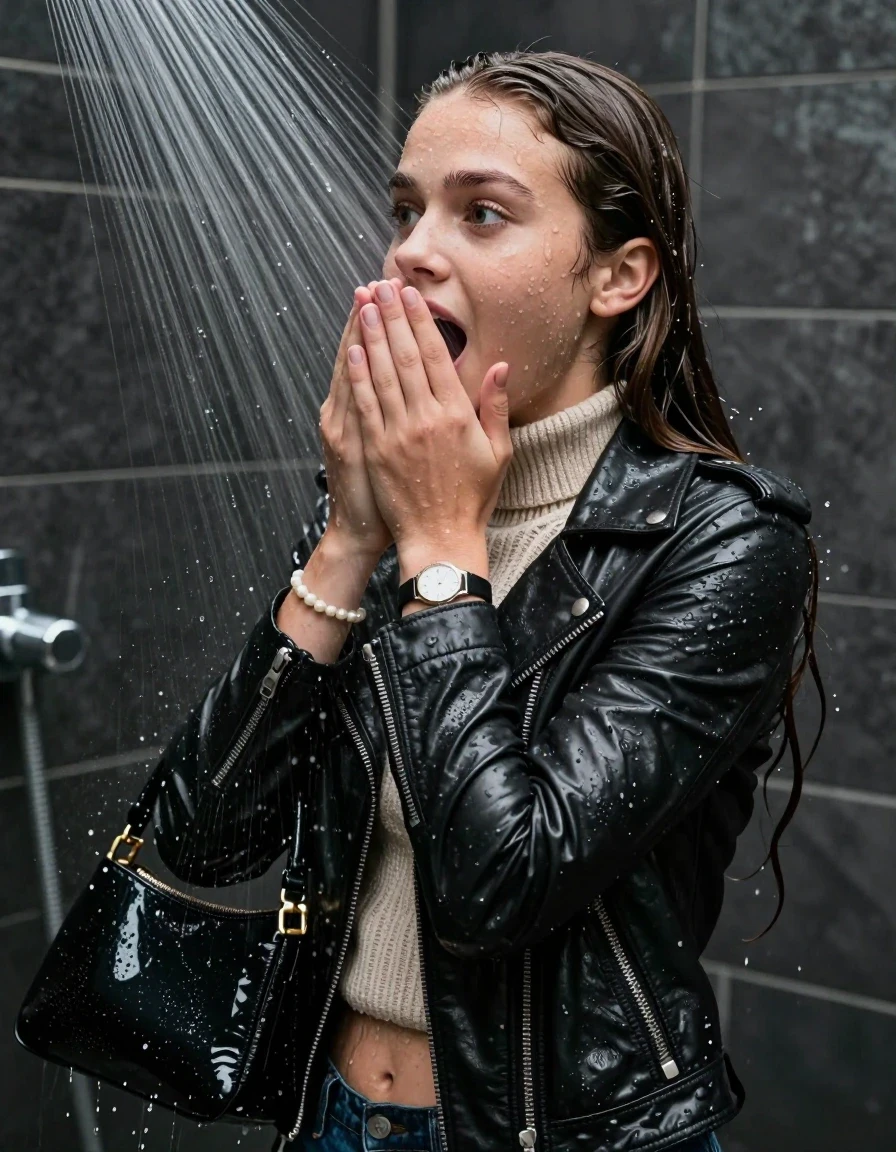 photo of young woman, in soaking wet, drenched clothes,
, , biker leatherjacket, knit turtleneck sweater belly free, handbag, pearl necklace, bracelet, wristwatch, Back view: Under the shower, strong jet of water, party shower, 
enjoying, wet clothes stuck to body,
detailed textures of the wet clothes, wet face, wet plastered hair,
wet, drenched, professional, high-quality details, full body view.
sharp focus, ultra-high pixel detail, realistic, high-quality, full colors, incredibly detailed, 4k, 8k, 16k, hyper-realistic, RAW photo, masterpiece, ultra-detailed, professionally color graded, professional photograph, sleek long straight hair

 15 years old  teenage girl

Only head and shoulders are over the surface visible. Looking slightly away. The water splashes directly into her face. Hold her hands over her mouth.  open mouth, big eyes.

The girls wear different clothes.

she is completely underwater up to her neck, shocked and embarrassed expression. 

her clothing is soaking wet and clinging tightly to her skin, showing heavy wet folds, darkened fabric texture, and deep water-saturated Patches, her clothes are heavy from the water, water runs from her body and her clothes in streams. A lot of water also runs out of her clothes. Her clothes are darkened by the water. Her submerged clothes are good visible under the water.  she soaked her handbag into the water.

close up view, wet skin, wet clothes, wet hair, damp fabric, water runs down the clothes, wet skin, wet clothes, damp fabric. cinematic medium shot, hyper-realistic wetness, high-contrast water sheen, sharp focus, 16k resolution, professional photography, realistic water physics., wet skin, wet clothes, damp fabric, wet skin, wet clothes, damp fabric, wet skin, wet clothes, damp fabric