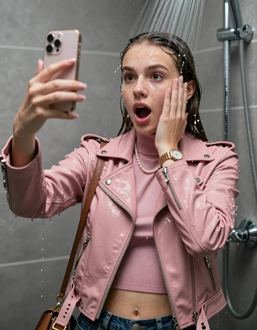 photo of young woman, in soaking wet, drenched clothes,
, , light pink biker leatherjacket, tight knit turtleneck sweater belly free, handbag, pearl necklace, bracelet, wristwatch, Under the shower, strong jet of water, party shower, 
enjoying, wet clothes stuck to body,
detailed textures of the wet clothes, wet face, wet plastered hair,
wet, drenched, professional, high-quality details, full body view.
sharp focus, ultra-high pixel detail, realistic, high-quality, full colors, incredibly detailed, 4k, 8k, 16k, hyper-realistic, RAW photo, masterpiece, ultra-detailed, professionally color graded, professional photograph, sleek long straight hair

 15 years old  teenage girl

Only head and shoulders are over the surface visible. Looking at camera. The water splashes directly into her face. Hold her hands over her face.  open mouth, big eyes. take a selfie with her smartphone.

The girls wear different clothes.

she is completely underwater up to her neck, shocked and embarrassed expression. 

her clothing is soaking wet and clinging tightly to her skin, showing heavy wet folds, darkened fabric texture, and deep water-saturated Patches, her clothes are heavy from the water, water runs from her body and her clothes in streams. A lot of water also runs out of her clothes. Her clothes are darkened by the water. Her submerged clothes are good visible under the water.  she soaked her handbag into the water.

close up view, wet skin, wet clothes, wet hair, damp fabric, water runs down the clothes, wet skin, wet clothes, damp fabric. cinematic medium shot, hyper-realistic wetness, high-contrast water sheen, sharp focus, 16k resolution, professional photography, realistic water physics., wet skin, wet clothes, damp fabric, wet skin, wet clothes, damp fabric, wet skin, wet clothes, damp fabric, wet skin, wet clothes, damp fabric