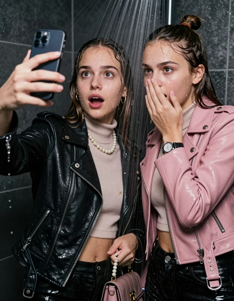 photo of young woman, in soaking wet, drenched clothes,
, , Black Biker leatherjacket and light pink leatherjacket, knit turtleneck sweater belly free, handbag, pearl necklace, bracelet, wristwatch, Under the shower, strong jet of water, party room, 
enjoying, wet clothes stuck to body,
detailed textures of the wet clothes, wet face, wet plastered hair,
wet, drenched, professional, high-quality details, full body view.
sharp focus, ultra-high pixel detail, realistic, high-quality, full colors, incredibly detailed, 4k, 8k, 16k, hyper-realistic, RAW photo, masterpiece, ultra-detailed, professionally color graded, professional photograph, sleek long straight hair and topknot

 two 15 years old  teenage girls

Only head and shoulders are over the surface visible. Open mouth, big eyes. Looking at camera. Hold her hand in front of her nose. one girl take a selfie with her smartphone.

The girls wear different clothes.

she is completely underwater up to her neck, afraid and astonished expression. Slightly smile.

her clothing is soaking wet and clinging tightly to her skin, showing heavy wet folds, darkened fabric texture, and deep water-saturated Patches, her clothes are heavy from the water, water runs from her body and her clothes in streams. A lot of water also runs out of her clothes. Her clothes are darkened by the water. Her submerged clothes are good visible under the water.  she soaked her handbag into the water.

close up view, wet skin, wet clothes, wet hair, damp fabric, water runs down the clothes, wet skin, wet clothes, damp fabric. cinematic medium shot, hyper-realistic wetness, high-contrast water sheen, sharp focus, 16k resolution, professional photography, realistic water physics., wet skin, wet clothes, damp fabric, wet skin, wet clothes, damp fabric, wet skin, wet clothes, damp fabric, wet skin, wet clothes, damp fabric