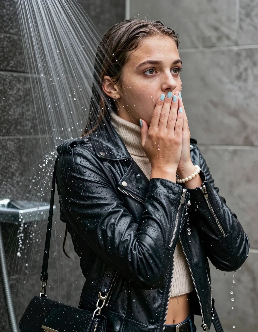 photo of young woman, in soaking wet, drenched clothes,
, , biker leatherjacket, knit turtleneck sweater belly free, handbag, pearl necklace, bracelet, wristwatch, light blue nails, Back view: Under the shower, strong jet of water, party shower, 
enjoying, wet clothes stuck to body,
detailed textures of the wet clothes, wet face, wet plastered hair,
wet, drenched, professional, high-quality details, full body view.
sharp focus, ultra-high pixel detail, realistic, high-quality, full colors, incredibly detailed, 4k, 8k, 16k, hyper-realistic, RAW photo, masterpiece, ultra-detailed, professionally color graded, professional photograph, sleek long straight hair

 15 years old  teenage girl

Only head and shoulders are over the surface visible. Looking slightly away, eyes look at camera. The water splashes directly into her face. Hold her hands over her mouth.  open mouth, big eyes.

The girls wear different clothes.

she is completely underwater up to her neck, shocked and embarrassed expression. 

her clothing is soaking wet and clinging tightly to her skin, showing heavy wet folds, darkened fabric texture, and deep water-saturated Patches, her clothes are heavy from the water, water runs from her body and her clothes in streams. A lot of water also runs out of her clothes. Her clothes are darkened by the water. Her submerged clothes are good visible under the water.  she soaked her handbag into the water.

close up view, wet skin, wet clothes, wet hair, damp fabric, water runs down the clothes, wet skin, wet clothes, damp fabric. cinematic medium shot, hyper-realistic wetness, high-contrast water sheen, sharp focus, 16k resolution, professional photography, realistic water physics., wet skin, wet clothes, damp fabric, wet skin, wet clothes, damp fabric, wet skin, wet clothes, damp fabric