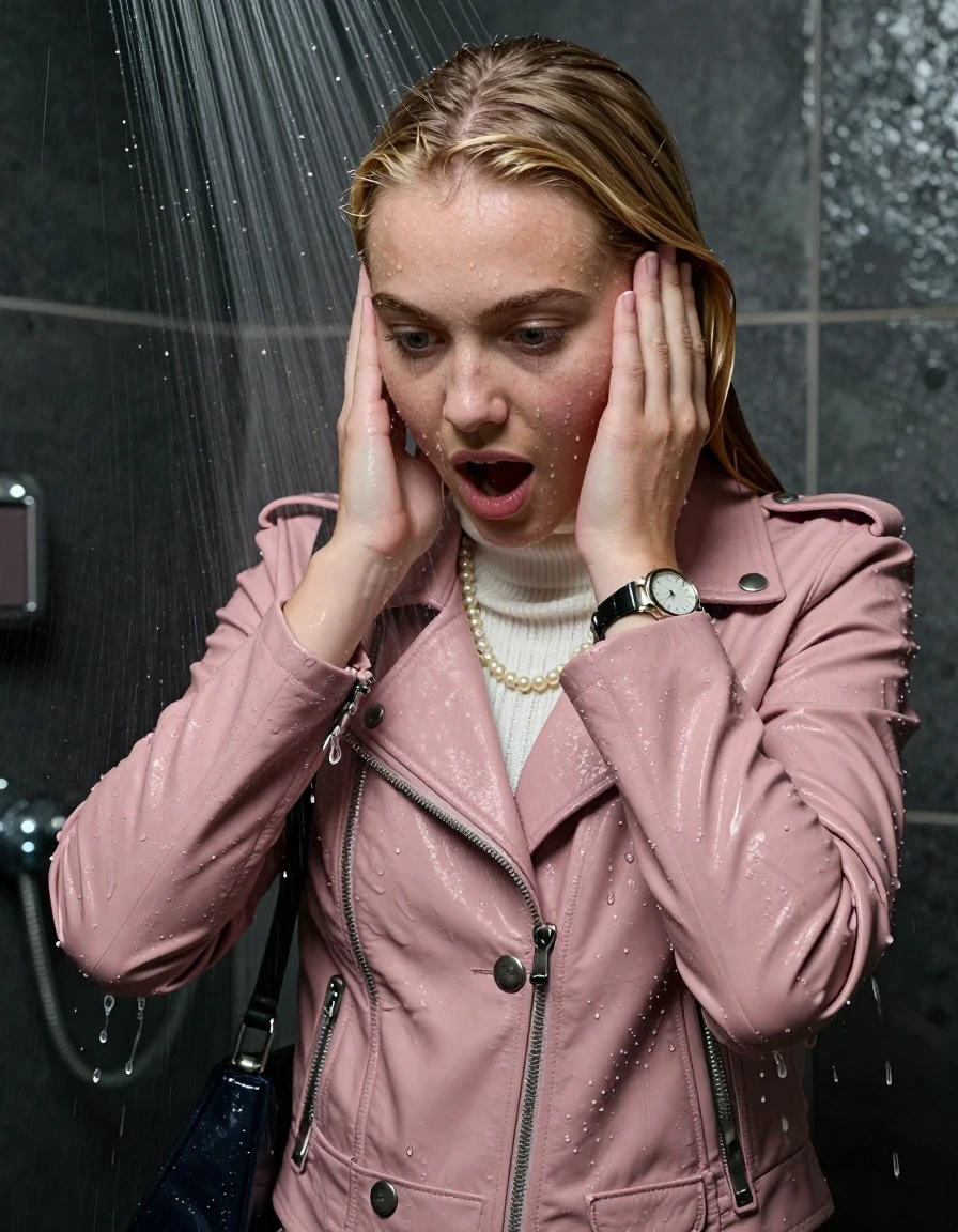 photo of young woman, in soaking wet, drenched clothes,
, , Light pink Biker leatherjacket, white knit turtleneck sweater, handbag, pearl necklace, bracelet, wristwatch, Under the shower, strong jet of water, party room, 
enjoying, wet clothes stuck to body,
detailed textures of the wet clothes, wet face, wet plastered hair,
wet, drenched, professional, high-quality details, full body view.
sharp focus, ultra-high pixel detail, realistic, high-quality, full colors, incredibly detailed, 4k, 8k, 16k, hyper-realistic, RAW photo, masterpiece, ultra-detailed, professionally color graded, professional photograph, Blonde sleek long straight hair

 15 years old  school girl

Only head and shoulders are over the surface visible. Open mouth, big eyes. Looking down. Hold her hands on her face.

The girls wear different clothes.

she is completely underwater up to her neck, surprised and astonished expression. 

her clothing is soaking wet and clinging tightly to her skin, showing heavy wet folds, darkened fabric texture, and deep water-saturated Patches, her clothes are heavy from the water, water runs from her body and her clothes in streams. A lot of water also runs out of her clothes. Her clothes are darkened by the water. Her submerged clothes are good visible under the water.  she soaked her handbag into the water.

close up view, wet skin, wet clothes, wet hair, damp fabric, water runs down the clothes, wet skin, wet clothes, damp fabric. cinematic medium shot, hyper-realistic wetness, high-contrast water sheen, sharp focus, 16k resolution, professional photography, realistic water physics., wet skin, wet clothes, damp fabric, wet skin, wet clothes, damp fabric, wet skin, wet clothes, damp fabric