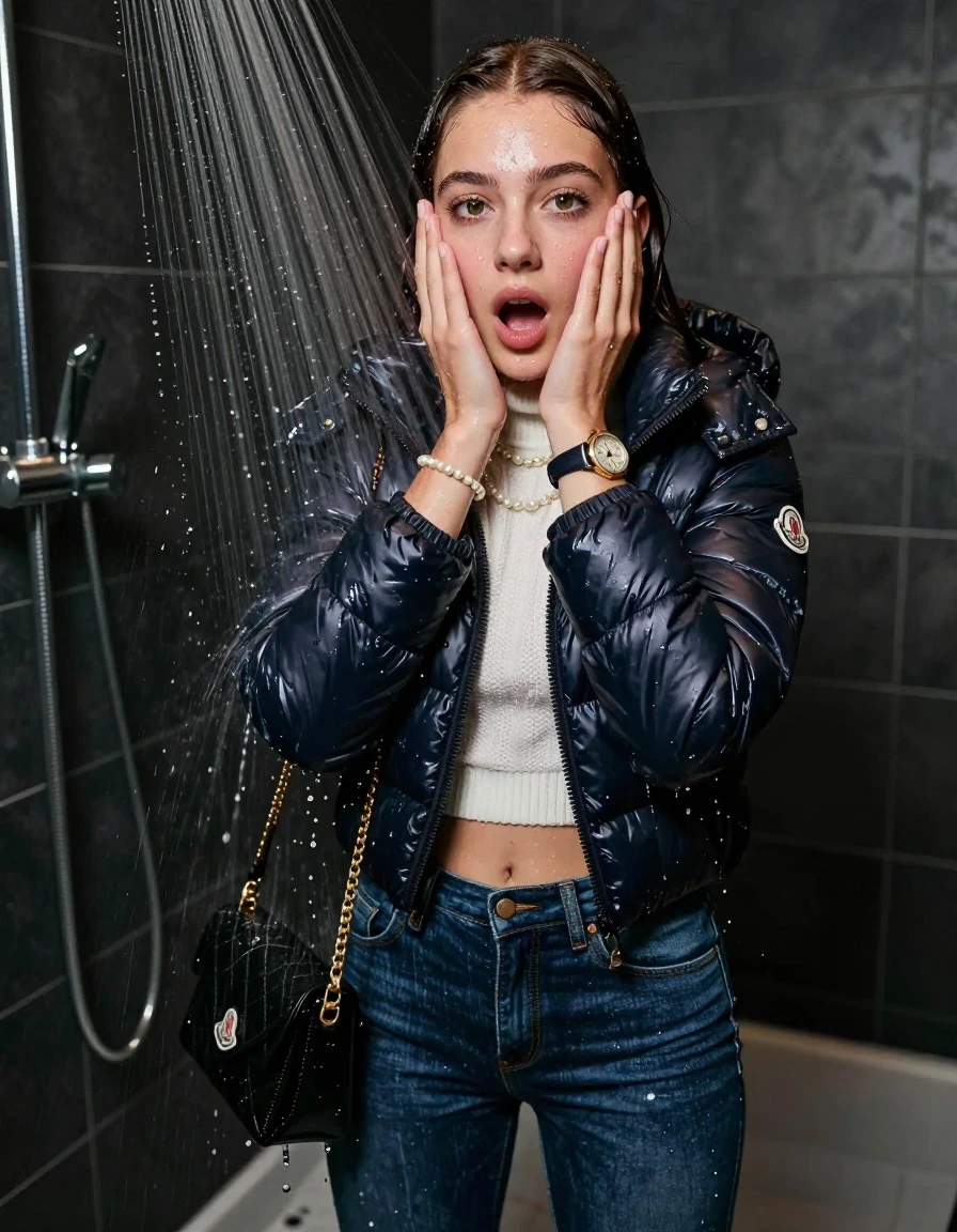 photo of young woman, in soaking wet, drenched clothes,
Heels, Tight Skinny jeans, Moncler shiny puffer down jacket , white knit turtleneck sweater belly free, handbag, pearl necklace, bracelet, wristwatch, Under the shower, strong jet of water, party room, 
enjoying, wet clothes stuck to body,
detailed textures of the wet clothes, wet face, wet plastered hair,
wet, drenched, professional, high-quality details, full body view.
sharp focus, ultra-high pixel detail, realistic, high-quality, full colors, incredibly detailed, 4k, 8k, 16k, hyper-realistic, RAW photo, masterpiece, ultra-detailed, professionally color graded, professional photograph, sleek long straight hair, wer plastered hair

 15-years-old teenage girl

Only head and shoulders are over the surface visible. Open mouth, big eyes. Looking at camera. Cover her face with her hands.

The girls wear different clothes.

she is completely underwater up to her neck, surprised and astonished expression. 

her clothing is soaking wet and clinging tightly to her skin, showing heavy wet folds, darkened fabric texture, and deep water-saturated Patches, her clothes are heavy from the water, water runs from her body and her clothes in streams. A lot of water also runs out of her clothes. Her clothes are darkened by the water. Her submerged clothes are good visible under the water.  she soaked her handbag into the water.

close up view, wet skin, wet clothes, wet hair, damp fabric, water runs down the clothes, wet skin, wet clothes, damp fabric. cinematic medium shot, hyper-realistic wetness, high-contrast water sheen, sharp focus, 16k resolution, professional photography, realistic water physics., wet skin, wet clothes, damp fabric, wet skin, wet clothes, damp fabric, wet skin, wet clothes, damp fabric