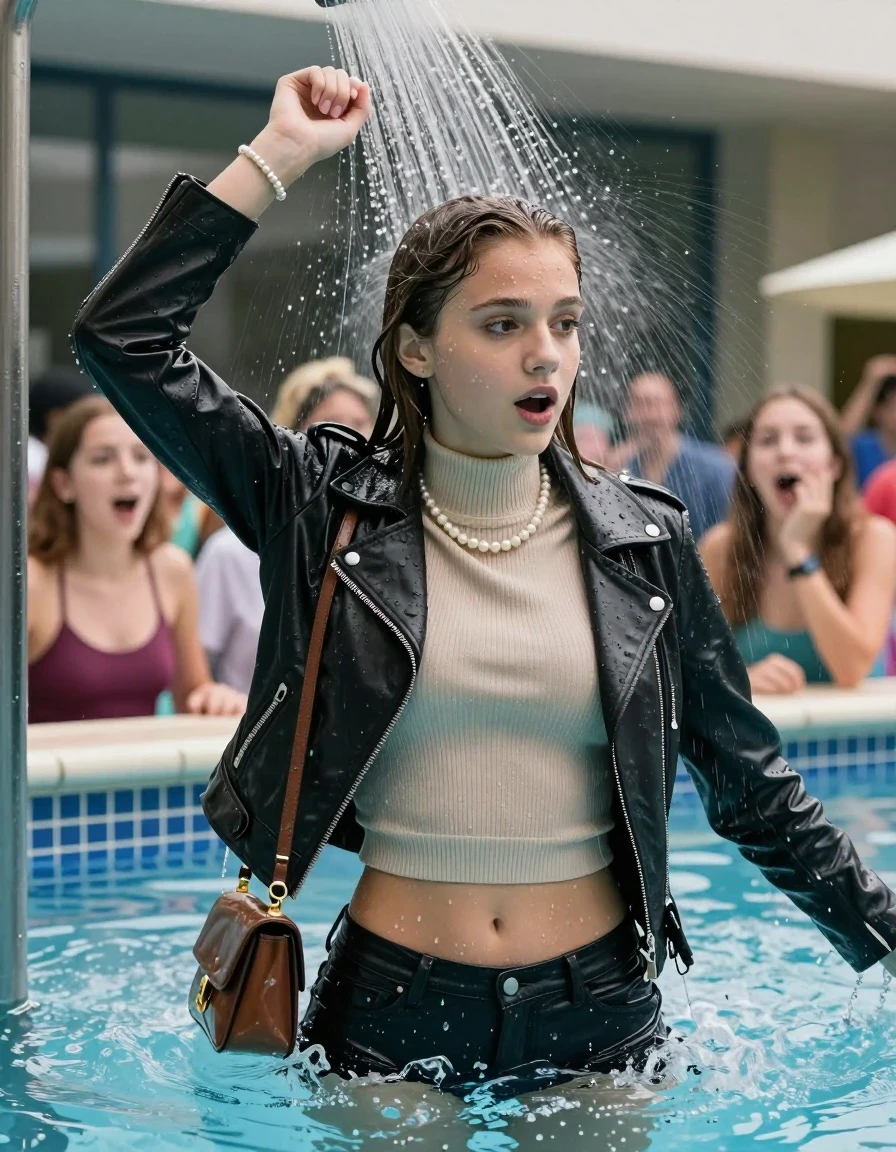 photo of young woman, in soaking wet, drenched clothes,
, , Biker leatherjacket, Tight knit turtleneck sweater belly free, handbag, pearl necklace, bracelet, wristwatch, dancing Under the pool shower, strong jet of water, indoor swimming pool, pool party, her different clothed friends watching her shocked from the edge, 
enjoying, wet clothes stuck to body,
detailed textures of the wet clothes, wet face, wet plastered hair,
wet, drenched, professional, high-quality details, full body view.
sharp focus, ultra-high pixel detail, realistic, high-quality, full colors, incredibly detailed, 4k, 8k, 16k, hyper-realistic, RAW photo, masterpiece, ultra-detailed, professionally color graded, professional photograph, sleek long straight hair

Two 15 years old  teenage girl

Only head and shoulders are over the surface visible. 

The girls wear different clothes.

she is completely underwater up to her neck, surprised and astonished expression. 

her submerged clothes are hardly vusible under water, she soaked her handbag into the water

close up view, wet skin, wet clothes, wet hair, damp fabric, water runs down the clothes, wet skin, wet clothes, damp fabric., wet skin, wet clothes, damp fabric, wet skin, wet clothes, damp fabric, wet skin, wet clothes, damp fabric, wet skin, wet clothes, damp fabric, wet skin, wet clothes, damp fabric, wet skin, wet clothes, damp fabric, wet skin, wet clothes, damp fabric, wet skin, wet clothes, damp fabric, wet skin, wet clothes, damp fabric
