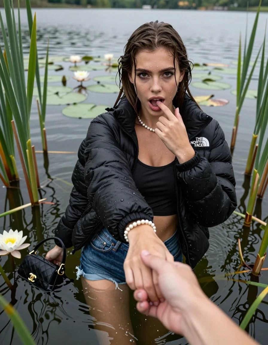 photo of young woman, in soaking wet, drenched clothes,
, sexy mini jeans short, black puffer down jacket from north face, tight sexy longsleeve crop top with wide neckline belly free, handbag, pearl necklace, bracelet, wristwatch, Emerging after diving in a lake with water lilies and reeds, 
enjoying, wet clothes stuck to body,
detailed textures of the wet clothes, wet face, wet plastered hair,
wet, drenched, professional, high-quality details, full body view.
sharp focus, ultra-high pixel detail, realistic, high-quality, full colors, incredibly detailed, 4k, 8k, 16k, hyper-realistic, RAW photo, masterpiece, ultra-detailed, professionally color graded, professional photograph, Sleek long straight hair

15 years old  teenage girl

open mouth, big eyes. 0ne hand with a finger at her tongue  inside her mouth, hold with the other the female viewer's hand, pulling them toward the center of the water. Laying her breast and arms on the surface.  Whole body and shoulders are submerged under the surface. Looking up at camera. horny eyes.

she is completely underwater up to her neck,  horny and sexuell aroused expression.

She hides in the reeds.

her submerged clothes are hardly vusible under water, she soaked her handbag into the water

close up view, wet skin, wet clothes, wet hair, damp fabric, water runs down the clothes, wet skin, wet clothes, damp fabric, wet skin, wet clothes, damp fabric, wet skin, wet clothes, damp fabric, wet skin, wet clothes, damp fabric, wet skin, wet clothes, damp fabric, wet skin, wet clothes, damp fabric, wet skin, wet clothes, damp fabric, wet skin, wet clothes, damp fabric, wet skin, wet clothes, damp fabric, wet skin, wet clothes, damp fabric, wet skin, wet clothes, damp fabric, wet skin, wet clothes, damp fabric, wet skin, wet clothes, damp fabric, wet skin, wet clothes, damp fabric, wet skin, wet clothes, damp fabric, wet skin, wet clothes, damp fabric, wet skin, wet clothes, damp fabric, wet skin, wet clothes, damp fabric, wet skin, wet clothes, damp fabric, wet skin, wet clothes, damp fabric, wet skin, wet clothes, damp fabric, wet skin, wet clothes, damp fabric, wet skin, wet clothes, damp fabric