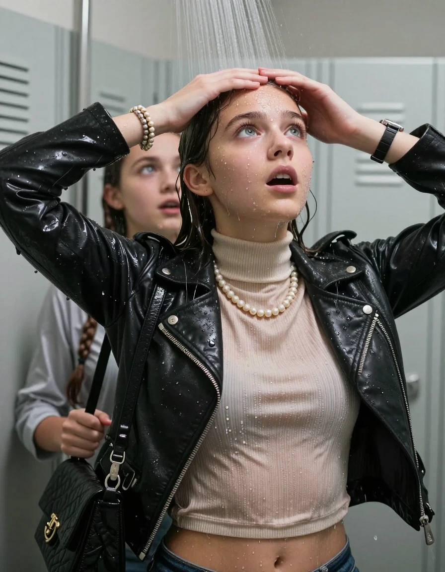 photo of young woman, in soaking wet, drenched clothes,
, , Biker leatherjacket, Tight knit turtleneck sweater belly free, handbag, pearl necklace, bracelet, wristwatch, Under the shower, strong jet of water, lokker room, 
enjoying, wet clothes stuck to body,
detailed textures of the wet clothes, wet face, wet plastered hair,
wet, drenched, professional, high-quality details, full body view.
sharp focus, ultra-high pixel detail, realistic, high-quality, full colors, incredibly detailed, 4k, 8k, 16k, hyper-realistic, RAW photo, masterpiece, ultra-detailed, professionally color graded, professional photograph, sleek long twisted ponytail

Two 15 years old  teenage girl

Only head and shoulders are over the surface visible. Open mouth, big eyes. Looking up. Hold a hand over her forehead.

she is completely underwater up to her neck, surprised and astonished expression. 

her submerged clothes are hardly vusible under water, she soaked her handbag into the water

close up view, wet skin, wet clothes, wet hair, damp fabric, water runs down the clothes, wet skin, wet clothes, damp fabric., wet skin, wet clothes, damp fabric, wet skin, wet clothes, damp fabric, wet skin, wet clothes, damp fabric, wet skin, wet clothes, damp fabric, wet skin, wet clothes, damp fabric, wet skin, wet clothes, damp fabric, wet skin, wet clothes, damp fabric, wet skin, wet clothes, damp fabric, wet skin, wet clothes, damp fabric