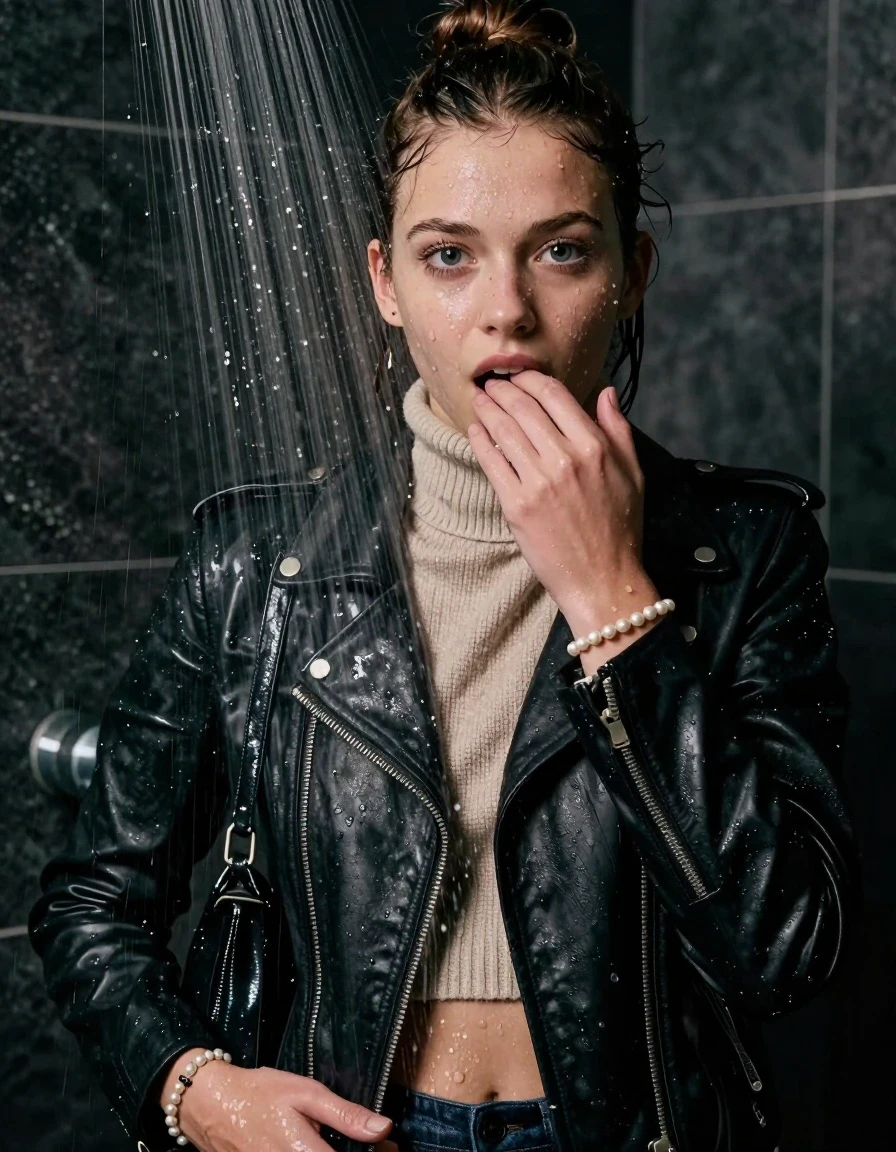 photo of young woman, in soaking wet, drenched clothes,
, , Biker leatherjacket, knit turtleneck sweater belly free, handbag, pearl necklace, bracelet, wristwatch, Under the shower, strong jet of water, party room, 
enjoying, wet clothes stuck to body,
detailed textures of the wet clothes, wet face, wet plastered hair,
wet, drenched, professional, high-quality details, full body view.
sharp focus, ultra-high pixel detail, realistic, high-quality, full colors, incredibly detailed, 4k, 8k, 16k, hyper-realistic, RAW photo, masterpiece, ultra-detailed, professionally color graded, professional photograph, topknot

 15 years old  teenage girl

Only head and shoulders are over the surface visible. Looking at camera. Hold her hand on her mouth.

The girls wear different clothes.

she is completely underwater up to her neck, afraid and astonished expression. 

her clothing is soaking wet and clinging tightly to her skin, showing heavy wet folds, darkened fabric texture, and deep water-saturated Patches, her clothes are heavy from the water, water runs from her body and her clothes in streams. A lot of water also runs out of her clothes. Her clothes are darkened by the water. Her submerged clothes are good visible under the water.  she soaked her handbag into the water.

close up view, wet skin, wet clothes, wet hair, damp fabric, water runs down the clothes, wet skin, wet clothes, damp fabric. cinematic medium shot, hyper-realistic wetness, high-contrast water sheen, sharp focus, 8k resolution, professional photography, realistic water physics., wet skin, wet clothes, damp fabric, wet skin, wet clothes, damp fabric