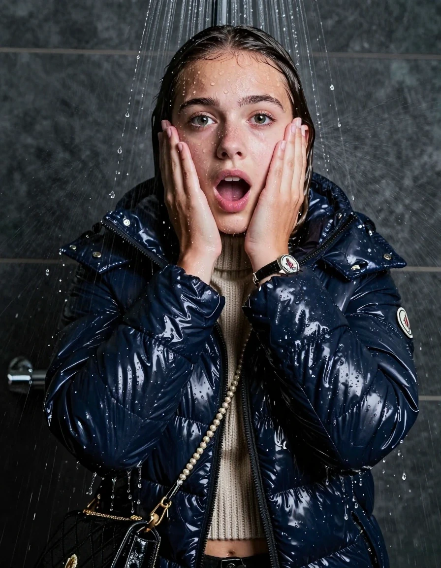 photo of young woman, in soaking wet, drenched clothes,
, , moncler shiny puffer down jacket, knit turtleneck sweater belly free, handbag, pearl necklace, bracelet, wristwatch, Under the shower, strong jet of water, party shower, 
enjoying, wet clothes stuck to body,
detailed textures of the wet clothes, wet face, wet plastered hair,
wet, drenched, professional, high-quality details, full body view.
sharp focus, ultra-high pixel detail, realistic, high-quality, full colors, incredibly detailed, 4k, 8k, 16k, hyper-realistic, RAW photo, masterpiece, ultra-detailed, professionally color graded, professional photograph, sleek long straight hair

 15 years old  teenage girl

Only head and shoulders are over the surface visible. Looking at camera. The water splashes directly into her face. Hold her hands over her face.  open mouth, big eyes.

The girls wear different clothes.

she is completely underwater up to her neck, shocked and embarrassed expression. 

her clothing is soaking wet and clinging tightly to her skin, showing heavy wet folds, darkened fabric texture, and deep water-saturated Patches, her clothes are heavy from the water, water runs from her body and her clothes in streams. A lot of water also runs out of her clothes. Her clothes are darkened by the water. Her submerged clothes are good visible under the water.  she soaked her handbag into the water.

close up view, wet skin, wet clothes, wet hair, damp fabric, water runs down the clothes, wet skin, wet clothes, damp fabric. cinematic medium shot, hyper-realistic wetness, high-contrast water sheen, sharp focus, 8k resolution, professional photography, realistic water physics., wet skin, wet clothes, damp fabric, wet skin, wet clothes, damp fabric, wet skin, wet clothes, damp fabric, wet skin, wet clothes, damp fabric