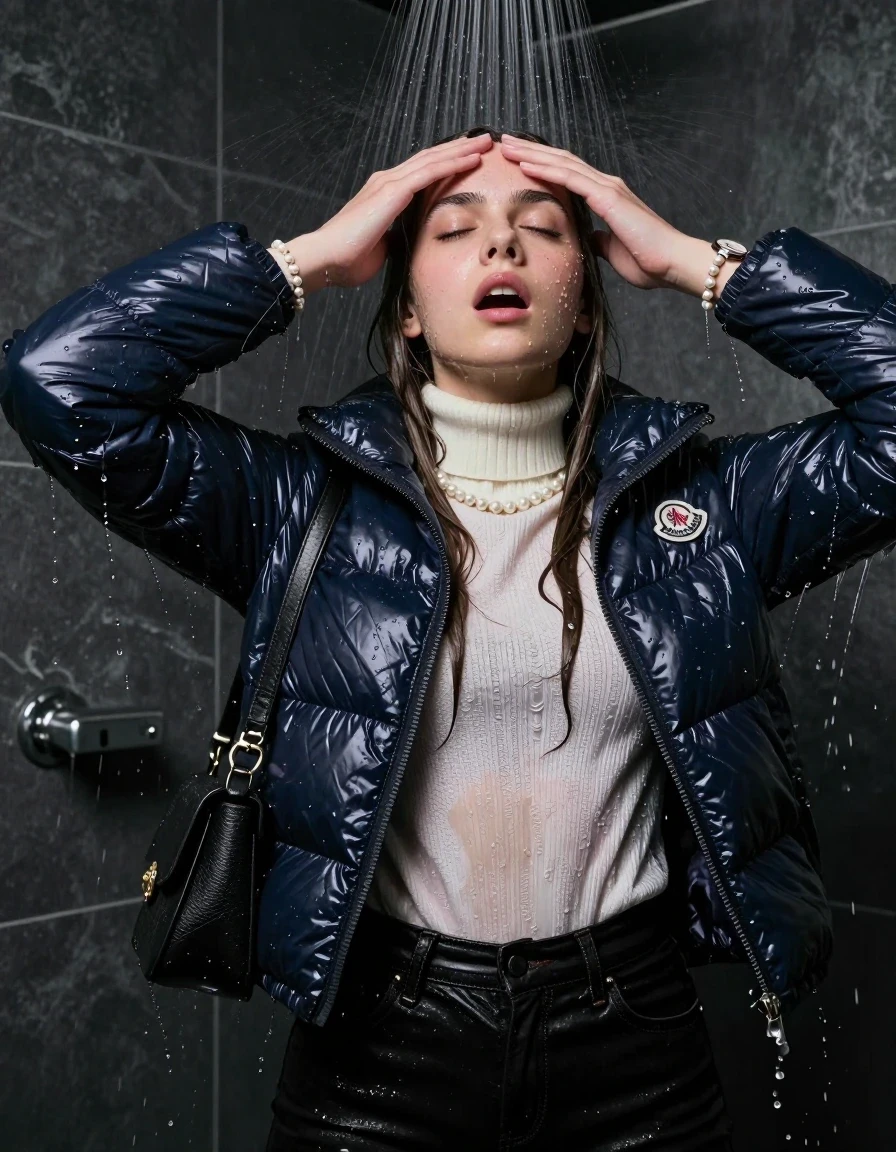 photo of young woman, in soaking wet, drenched clothes,
, Black Skinny jeans, Moncler shiny puffer down jacket , white knit turtleneck sweater, handbag, pearl necklace, bracelet, wristwatch, Under the shower, strong jet of water, party room, 
enjoying, wet clothes stuck to body,
detailed textures of the wet clothes, wet face, wet plastered hair,
wet, drenched, professional, high-quality details, full body view.
sharp focus, ultra-high pixel detail, realistic, high-quality, full colors, incredibly detailed, 4k, 8k, 16k, hyper-realistic, RAW photo, masterpiece, ultra-detailed, professionally color graded, professional photograph, sleek long straight hair, wer plastered hair

 15-years-old teenage girl

Only head and shoulders are over the surface visible. Open mouth, closed eyes. Looking up. Hold her hands on her forehead.

The girls wear different clothes.

she is completely underwater up to her neck, surprised and astonished expression. 

her clothing is soaking wet and clinging tightly to her skin, showing heavy wet folds, darkened fabric texture, and deep water-saturated Patches, her clothes are heavy from the water, water runs from her body and her clothes in streams. A lot of water also runs out of her clothes. Her clothes are darkened by the water. Her submerged clothes are good visible under the water.  she soaked her handbag into the water.

close up view, wet skin, wet clothes, wet hair, damp fabric, water runs down the clothes, wet skin, wet clothes, damp fabric. cinematic medium shot, hyper-realistic wetness, high-contrast water sheen, sharp focus, 16k resolution, professional photography, realistic water physics., wet skin, wet clothes, damp fabric, wet skin, wet clothes, damp fabric, wet skin, wet clothes, damp fabric