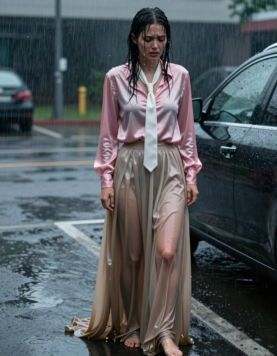 A photorealistic medium shot of a young adult European woman standing in a rain-drenched car park, clearly distressed and locked out of her car. She is wearing an oversized pink satin long-sleeved blouse with a white necktie, the fabric clinging to her skin as it is drenched by the downpour, showing deep saturation and heavy wet folds. Her beige floor-length silk skirt is excessively long with multiple layers of petticoat, completely soaked through, heavy with water, clinging to her legs and dragging on the wet pavement, displaying a dark, translucent sheen and water-logged texture. She is barefoot, her skin pale and glistening with rain, water droplets running down her face and matted hair. The atmosphere is gloomy and cinematic, with heavy rain falling, puddles reflecting the dim ambient light, and the texture of the wet asphalt visible. The lighting is moody and overcast, emphasizing the high-gloss specular reflections on her wet clothing and skin, capturing the raw, realistic weight of water-saturated fabrics.