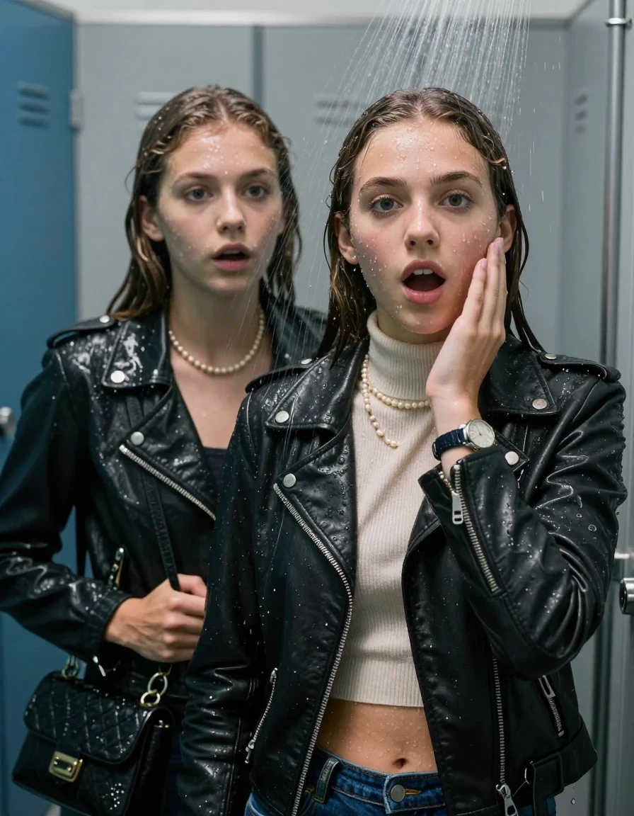 photo of young woman, in soaking wet, drenched clothes,
, , Biker leatherjacket, Tight knit turtleneck sweater belly free, handbag, pearl necklace, bracelet, wristwatch, Under the shower, strong jet of water, locker room, 
enjoying, wet clothes stuck to body,
detailed textures of the wet clothes, wet face, wet plastered hair,
wet, drenched, professional, high-quality details, full body view.
sharp focus, ultra-high pixel detail, realistic, high-quality, full colors, incredibly detailed, 4k, 8k, 16k, hyper-realistic, RAW photo, masterpiece, ultra-detailed, professionally color graded, professional photograph, sleek long straight hair

Two 15 years old  teenage girl

Only head and shoulders are over the surface visible. Open mouth, big eyes. Looking at camera. Hold her hand in front of her cheek.

The girls wear different clothes.

she is completely underwater up to her neck, surprised and astonished expression. 

her submerged clothes are hardly vusible under water, she soaked her handbag into the water

close up view, wet skin, wet clothes, wet hair, damp fabric, water runs down the clothes, wet skin, wet clothes, damp fabric., wet skin, wet clothes, damp fabric, wet skin, wet clothes, damp fabric, wet skin, wet clothes, damp fabric, wet skin, wet clothes, damp fabric, wet skin, wet clothes, damp fabric, wet skin, wet clothes, damp fabric, wet skin, wet clothes, damp fabric, wet skin, wet clothes, damp fabric, wet skin, wet clothes, damp fabric, wet skin, wet clothes, damp fabric