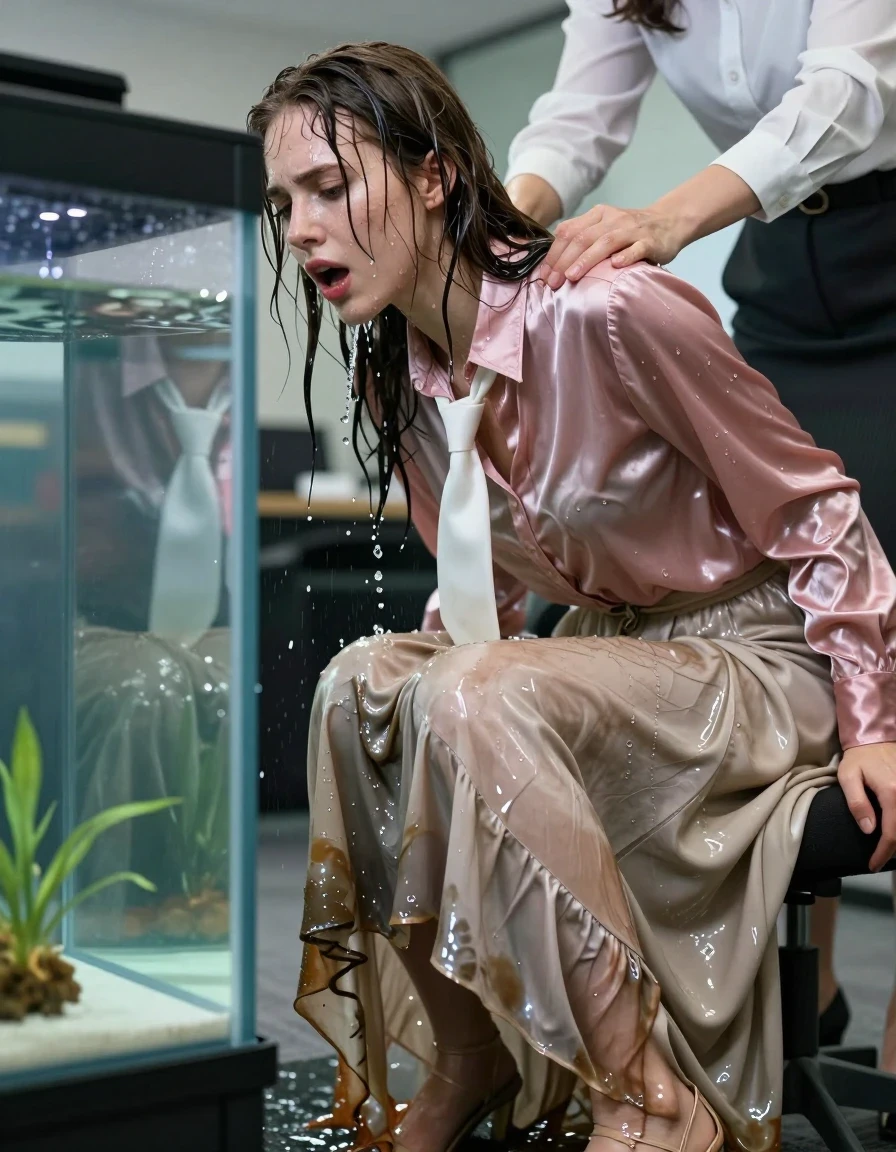 A cinematic, photorealistic shot of a young adult European woman in a corporate office, dripping wet and gasping for air, her hair and skin drenched and slick with water. She is wearing a pink satin long-sleeved oversized blouse, soaked through and clinging to her skin, paired with a white necktie. Her legs are covered by a beige floor-length excessively long silk skirt with layers of petticoat, the fabric heavy, darkened, and clinging to her legs due to being completely saturated with water. She is wearing sandals. The scene captures her in a submissive state as her female dominant boss, dressed in business casual attire, has just pulled her head out of a nearby aquarium. The woman's hair is matted and wet, water streaming down her face and soaking into her clothes, creating deep, heavy folds and high-gloss specular reflections on the wet fabric. The office environment is visible in the background, with sharp focus on the textures of the water-logged silk and satin. High-contrast lighting, 8k resolution, hyper-realistic skin textures, water droplets, and realistic fabric physics.