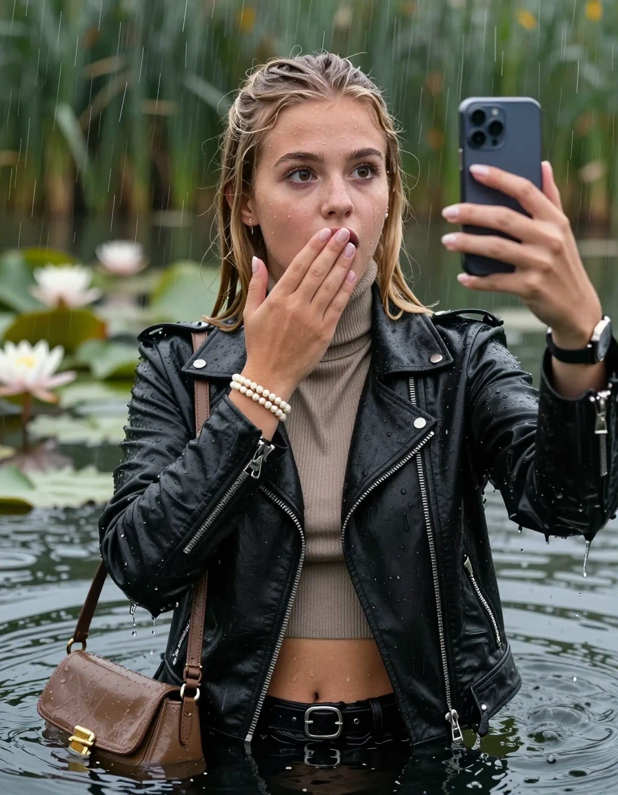 photo of young woman, in soaking wet, drenched clothes,
, , Black Biker leatherjacket and light brown leatherjacket, tight knit turtleneck sweater belly free, handbag, pearl necklace, bracelet, wristwatch, Emerging after diving in a lake with water lilies and reeds, heavy rain falls directely on her heads, 
enjoying, wet clothes stuck to body,
detailed textures of the wet clothes, wet face, wet plastered hair,
wet, drenched, professional, high-quality details, full body view.
sharp focus, ultra-high pixel detail, realistic, high-quality, full colors, incredibly detailed, 4k, 8k, 16k, hyper-realistic, RAW photo, masterpiece, ultra-detailed, professionally color graded, professional photograph, blonde sleek long straight hair and sleek bun

15 years old  teenage girls

Only head and shoulders are over the surface visible. Open mouth, big eyes. Looking at camera. one Hold her hands onver her mouth. one hold one hand on her mouth and take with the other hand a selfie with her smartphone.

The girls wear different clothes.

she is completely underwater up to her neck, horny and astonished expression. 

her clothing is soaking wet and clinging tightly to her skin, showing heavy wet folds, darkened fabric texture, and deep water-saturated Patches, her clothes are heavy from the water, water runs from her body and her clothes in streams. A lot of water also runs out of her clothes. Her clothes are darkened by the water. Her submerged clothes are good visible under the water.  she soaked her handbag into the water.

close up view, wet skin, wet clothes, wet hair, damp fabric, water runs down the clothes, wet skin, wet clothes, damp fabric. cinematic medium shot, hyper-realistic wetness, high-contrast water sheen, sharp focus, 16k resolution, professional photography, realistic water physics., wet skin, wet clothes, damp fabric, wet skin, wet clothes, damp fabric, wet skin, wet clothes, damp fabric
