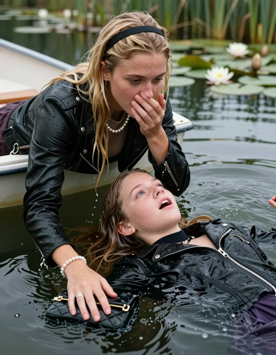 photo of young woman, in soaking wet, drenched clothes,
, , Black Biker leatherjacket, tight knit turtleneck sweater belly free, shoulderbag, pearl necklace, bracelet, wristwatch, sinking and drowning in a lake with a boat with water lilies and reeds, 
enjoying, wet clothes stuck to body,
detailed textures of the wet clothes, wet face, wet plastered hair,
wet, drenched, professional, high-quality details, full body view.
sharp focus, ultra-high pixel detail, realistic, high-quality, full colors, incredibly detailed, 4k, 8k, 16k, hyper-realistic, RAW photo, masterpiece, ultra-detailed, professionally color graded, professional photograph, blonde sleek long straight hair, hairband

two 15 years old  teenage girls

Only head and shoulders are over the surface visible. Open mouth, big eyes. hold a hand on her mouth. leaning forward, lay her breast on the surface and tries to swim to the boat.

The girls wear different clothes.

she is completely underwater up to her neck, shocked and astonished expression. 

her clothing is soaking wet and clinging tightly to her skin, showing heavy wet folds, darkened fabric texture, and deep water-saturated Patches, her clothes are heavy from the water, water runs from her body and her clothes in streams. A lot of water also runs out of her clothes. Her clothes are darkened by the water. Her submerged clothes are good visible under the water.  she soaked her handbag into the water.

close up view, zoom in, wet skin, wet clothes, wet hair, damp fabric, water runs down the clothes, wet skin, wet clothes, damp fabric. cinematic medium shot, hyper-realistic wetness, high-contrast water sheen, sharp focus, 16k resolution, professional photography, realistic water physics., wet skin, wet clothes, damp fabric, wet skin, wet clothes, damp fabric, wet skin, wet clothes, damp fabric
