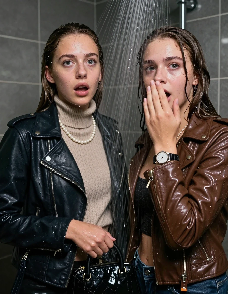 photo of young woman, in soaking wet, drenched clothes,
, , Biker leatherjacket, knit turtleneck sweater belly free, handbag, pearl necklace, bracelet, wristwatch, Under the shower, strong jet of water, party room, 
enjoying, wet clothes stuck to body,
detailed textures of the wet clothes, wet face, wet plastered hair,
wet, drenched, professional, high-quality details, full body view.
sharp focus, ultra-high pixel detail, realistic, high-quality, full colors, incredibly detailed, 4k, 8k, 16k, hyper-realistic, RAW photo, masterpiece, ultra-detailed, professionally color graded, professional photograph, sleek long straight hair

 two 15 years old  teenage girls

Only head and shoulders are over the surface visible. Open mouth, big eyes. Looking at camera. Hold her hand in front of her nose.

The girls wear different clothes.

she is completely underwater up to her neck, afraid and astonished expression. 

her clothing is soaking wet and clinging tightly to her skin, showing heavy wet folds, darkened fabric texture, and deep water-saturated Patches, her clothes are heavy from the water, water runs from her body and her clothes in streams. A lot of water also runs out of her clothes. Her clothes are darkened by the water. Her submerged clothes are good visible under the water.  she soaked her handbag into the water.

close up view, wet skin, wet clothes, wet hair, damp fabric, water runs down the clothes, wet skin, wet clothes, damp fabric. cinematic medium shot, hyper-realistic wetness, high-contrast water sheen, sharp focus, 16k resolution, professional photography, realistic water physics., wet skin, wet clothes, damp fabric, wet skin, wet clothes, damp fabric, wet skin, wet clothes, damp fabric