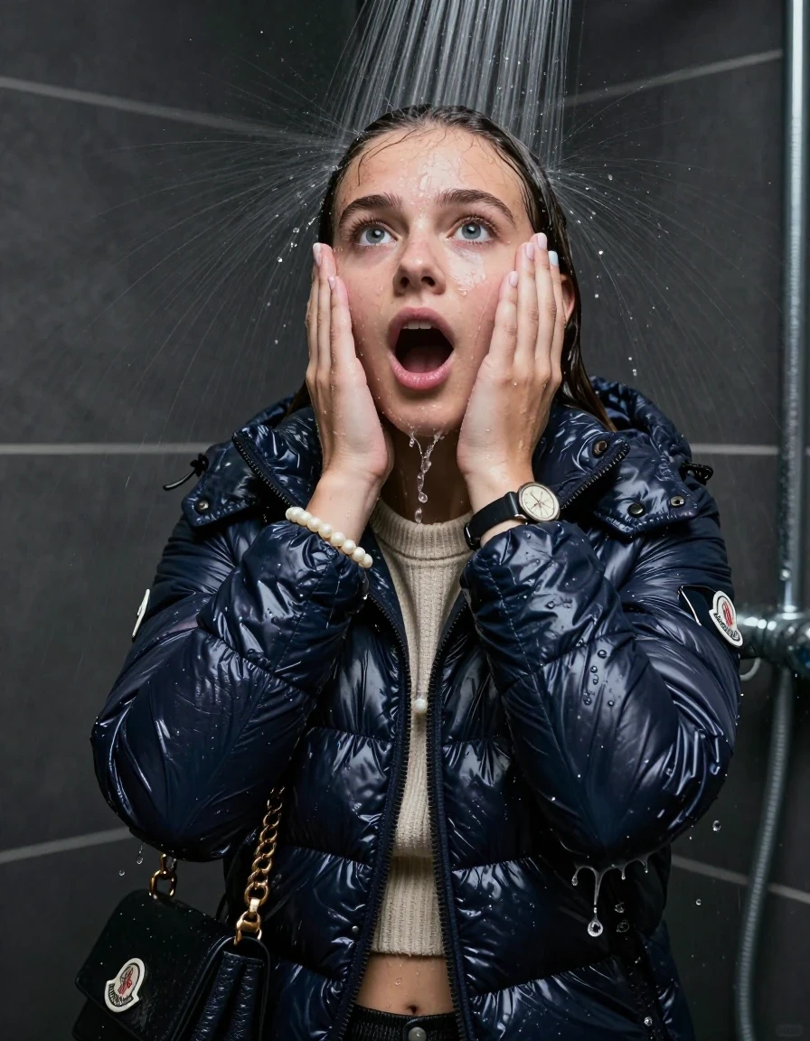 photo of young woman, in soaking wet, drenched clothes,
, , moncler shiny puffer down jacket, knit turtleneck sweater belly free, handbag, pearl necklace, bracelet, wristwatch, Under the shower, strong jet of water, party shower, 
enjoying, wet clothes stuck to body,
detailed textures of the wet clothes, wet face, wet plastered hair,
wet, drenched, professional, high-quality details, full body view.
sharp focus, ultra-high pixel detail, realistic, high-quality, full colors, incredibly detailed, 4k, 8k, 16k, hyper-realistic, RAW photo, masterpiece, ultra-detailed, professionally color graded, professional photograph, sleek long straight hair

 15 years old  teenage girl

Only head and shoulders are over the surface visible. Looking up. The water splashes directly into her face. Hold her hands over her face.  open mouth, big eyes.

The girls wear different clothes.

she is completely underwater up to her neck, shocked and embarrassed expression. 

her clothing is soaking wet and clinging tightly to her skin, showing heavy wet folds, darkened fabric texture, and deep water-saturated Patches, her clothes are heavy from the water, water runs from her body and her clothes in streams. A lot of water also runs out of her clothes. Her clothes are darkened by the water. Her submerged clothes are good visible under the water.  she soaked her handbag into the water.

close up view, wet skin, wet clothes, wet hair, damp fabric, water runs down the clothes, wet skin, wet clothes, damp fabric. cinematic medium shot, hyper-realistic wetness, high-contrast water sheen, sharp focus, 8k resolution, professional photography, realistic water physics., wet skin, wet clothes, damp fabric, wet skin, wet clothes, damp fabric, wet skin, wet clothes, damp fabric
