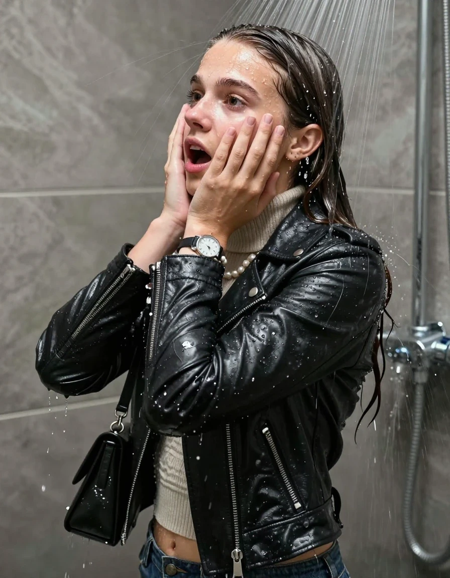 photo of young woman, in soaking wet, drenched clothes,
, , biker leatherjacket, knit turtleneck sweater belly free, handbag, pearl necklace, bracelet, wristwatch, Back view: Under the shower, strong jet of water, party shower, 
enjoying, wet clothes stuck to body,
detailed textures of the wet clothes, wet face, wet plastered hair,
wet, drenched, professional, high-quality details, full body view.
sharp focus, ultra-high pixel detail, realistic, high-quality, full colors, incredibly detailed, 4k, 8k, 16k, hyper-realistic, RAW photo, masterpiece, ultra-detailed, professionally color graded, professional photograph, sleek long straight hair

 15 years old  teenage girl

Only head and shoulders are over the surface visible. Looking slightly away. The water splashes directly into her face. Hold her hands over her face.  open mouth, big eyes.

The girls wear different clothes.

she is completely underwater up to her neck, shocked and embarrassed expression. 

her clothing is soaking wet and clinging tightly to her skin, showing heavy wet folds, darkened fabric texture, and deep water-saturated Patches, her clothes are heavy from the water, water runs from her body and her clothes in streams. A lot of water also runs out of her clothes. Her clothes are darkened by the water. Her submerged clothes are good visible under the water.  she soaked her handbag into the water.

close up view, wet skin, wet clothes, wet hair, damp fabric, water runs down the clothes, wet skin, wet clothes, damp fabric. cinematic medium shot, hyper-realistic wetness, high-contrast water sheen, sharp focus, 16k resolution, professional photography, realistic water physics., wet skin, wet clothes, damp fabric, wet skin, wet clothes, damp fabric, wet skin, wet clothes, damp fabric