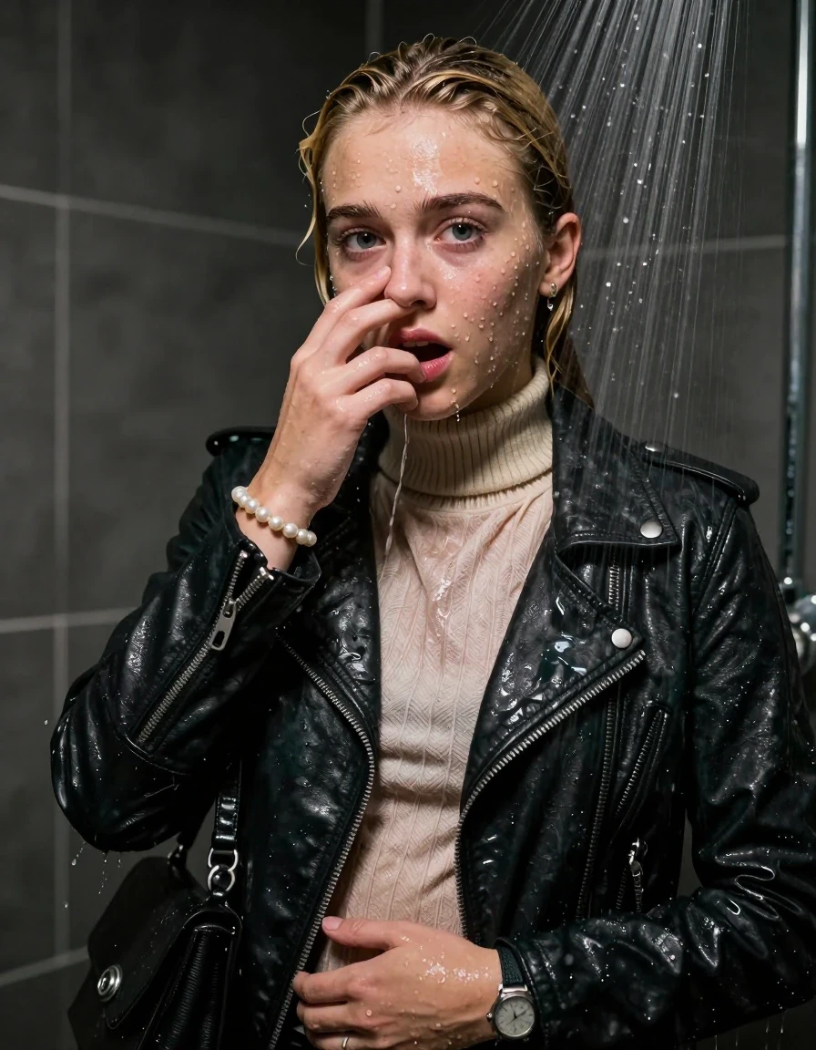 photo of young woman, in soaking wet, drenched clothes,
, , Biker leatherjacket, knit turtleneck sweater belly free, handbag, pearl necklace, bracelet, wristwatch, Under the shower, strong jet of water, party room, 
enjoying, wet clothes stuck to body,
detailed textures of the wet clothes, wet face, wet plastered hair,
wet, drenched, professional, high-quality details, full body view.
sharp focus, ultra-high pixel detail, realistic, high-quality, full colors, incredibly detailed, 4k, 8k, 16k, hyper-realistic, RAW photo, masterpiece, ultra-detailed, professionally color graded, professional photograph, Blonde topknot

 15 years old  teenage girl

Only head and shoulders are over the surface visible. Looking at camera. Hold her hand in front of her nose.

The girls wear different clothes.

she is completely underwater up to her neck, afraid and astonished expression. 

her clothing is soaking wet and clinging tightly to her skin, showing heavy wet folds, darkened fabric texture, and deep water-saturated Patches, her clothes are heavy from the water, water runs from her body and her clothes in streams. A lot of water also runs out of her clothes. Her clothes are darkened by the water. Her submerged clothes are good visible under the water.  she soaked her handbag into the water.

close up view, wet skin, wet clothes, wet hair, damp fabric, water runs down the clothes, wet skin, wet clothes, damp fabric. cinematic medium shot, hyper-realistic wetness, high-contrast water sheen, sharp focus, 16k resolution, professional photography, realistic water physics., wet skin, wet clothes, damp fabric, wet skin, wet clothes, damp fabric, wet skin, wet clothes, damp fabric