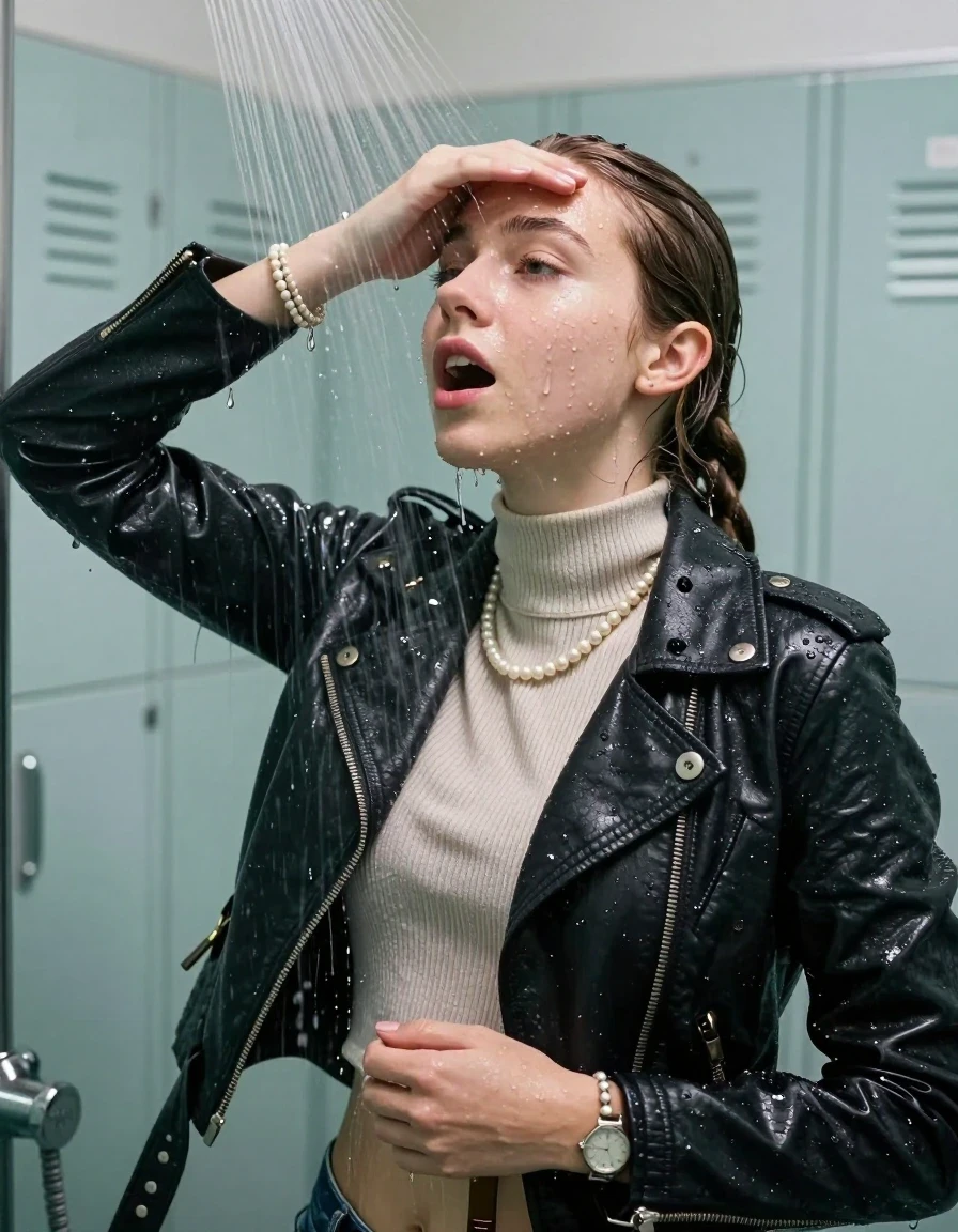 photo of young woman, in soaking wet, drenched clothes,
, , Biker leatherjacket, Tight knit turtleneck sweater belly free, handbag, pearl necklace, bracelet, wristwatch, Under the shower, strong jet of water, lokker room, 
enjoying, wet clothes stuck to body,
detailed textures of the wet clothes, wet face, wet plastered hair,
wet, drenched, professional, high-quality details, full body view.
sharp focus, ultra-high pixel detail, realistic, high-quality, full colors, incredibly detailed, 4k, 8k, 16k, hyper-realistic, RAW photo, masterpiece, ultra-detailed, professionally color graded, professional photograph, sleek long twisted ponytail

Two 15 years old  teenage girl

Only head and shoulders are over the surface visible. Open mouth, half closed eyes. Looking up. Hold a hand over her forehead.

she is completely underwater up to her neck, surprised and astonished expression. 

her submerged clothes are hardly vusible under water, she soaked her handbag into the water

close up view, wet skin, wet clothes, wet hair, damp fabric, water runs down the clothes, wet skin, wet clothes, damp fabric., wet skin, wet clothes, damp fabric, wet skin, wet clothes, damp fabric, wet skin, wet clothes, damp fabric, wet skin, wet clothes, damp fabric, wet skin, wet clothes, damp fabric, wet skin, wet clothes, damp fabric, wet skin, wet clothes, damp fabric, wet skin, wet clothes, damp fabric, wet skin, wet clothes, damp fabric