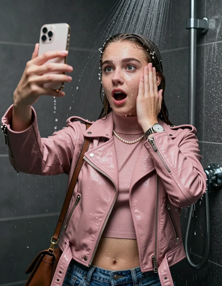 photo of young woman, in soaking wet, drenched clothes,
, , light pink biker leatherjacket, tight knit turtleneck sweater belly free, handbag, pearl necklace, bracelet, wristwatch, Under the shower, strong jet of water, party shower, 
enjoying, wet clothes stuck to body,
detailed textures of the wet clothes, wet face, wet plastered hair,
wet, drenched, professional, high-quality details, full body view.
sharp focus, ultra-high pixel detail, realistic, high-quality, full colors, incredibly detailed, 4k, 8k, 16k, hyper-realistic, RAW photo, masterpiece, ultra-detailed, professionally color graded, professional photograph, sleek long straight hair

 15 years old  teenage girl

Only head and shoulders are over the surface visible. Looking at camera. The water splashes directly into her face. Hold her hands over her face.  open mouth, big eyes. take a selfie with her smartphone.

The girls wear different clothes.

she is completely underwater up to her neck, shocked and embarrassed expression. 

her clothing is soaking wet and clinging tightly to her skin, showing heavy wet folds, darkened fabric texture, and deep water-saturated Patches, her clothes are heavy from the water, water runs from her body and her clothes in streams. A lot of water also runs out of her clothes. Her clothes are darkened by the water. Her submerged clothes are good visible under the water.  she soaked her handbag into the water.

close up view, wet skin, wet clothes, wet hair, damp fabric, water runs down the clothes, wet skin, wet clothes, damp fabric. cinematic medium shot, hyper-realistic wetness, high-contrast water sheen, sharp focus, 16k resolution, professional photography, realistic water physics., wet skin, wet clothes, damp fabric, wet skin, wet clothes, damp fabric, wet skin, wet clothes, damp fabric, wet skin, wet clothes, damp fabric