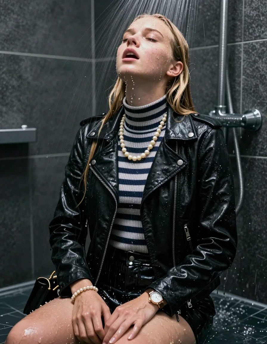 photo of young woman, in soaking wet, drenched clothes,
, , Black Biker leatherjacket, tight striped knit turtleneck sweater, handbag, pearl necklace, bracelet, wristwatch, Masturbate Under the shower, strong jet of water, party room, 
enjoying, wet clothes stuck to body,
detailed textures of the wet clothes, wet face, wet plastered hair,
wet, drenched, professional, high-quality details, full body view.
sharp focus, ultra-high pixel detail, realistic, high-quality, full colors, incredibly detailed, 4k, 8k, 16k, hyper-realistic, RAW photo, masterpiece, ultra-detailed, professionally color graded, professional photograph, Blonde sleek long straight hair

 15 years old  school girl

Only head and shoulders are over the surface visible. Open mouth, closed eyes. Looking up. Hold her hands between her legs. She masturbate and has an orgasm.

The girls wear different clothes.

she is completely underwater up to her neck, surprised and astonished expression. 

her clothing is soaking wet and clinging tightly to her skin, showing heavy wet folds, darkened fabric texture, and deep water-saturated Patches, her clothes are heavy from the water, water runs from her body and her clothes in streams. A lot of water also runs out of her clothes. Her clothes are darkened by the water. Her submerged clothes are good visible under the water.  she soaked her handbag into the water.

close up view, wet skin, wet clothes, wet hair, damp fabric, water runs down the clothes, wet skin, wet clothes, damp fabric. cinematic medium shot, hyper-realistic wetness, high-contrast water sheen, sharp focus, 16k resolution, professional photography, realistic water physics., wet skin, wet clothes, damp fabric, wet skin, wet clothes, damp fabric, wet skin, wet clothes, damp fabric, wet skin, wet clothes, damp fabric