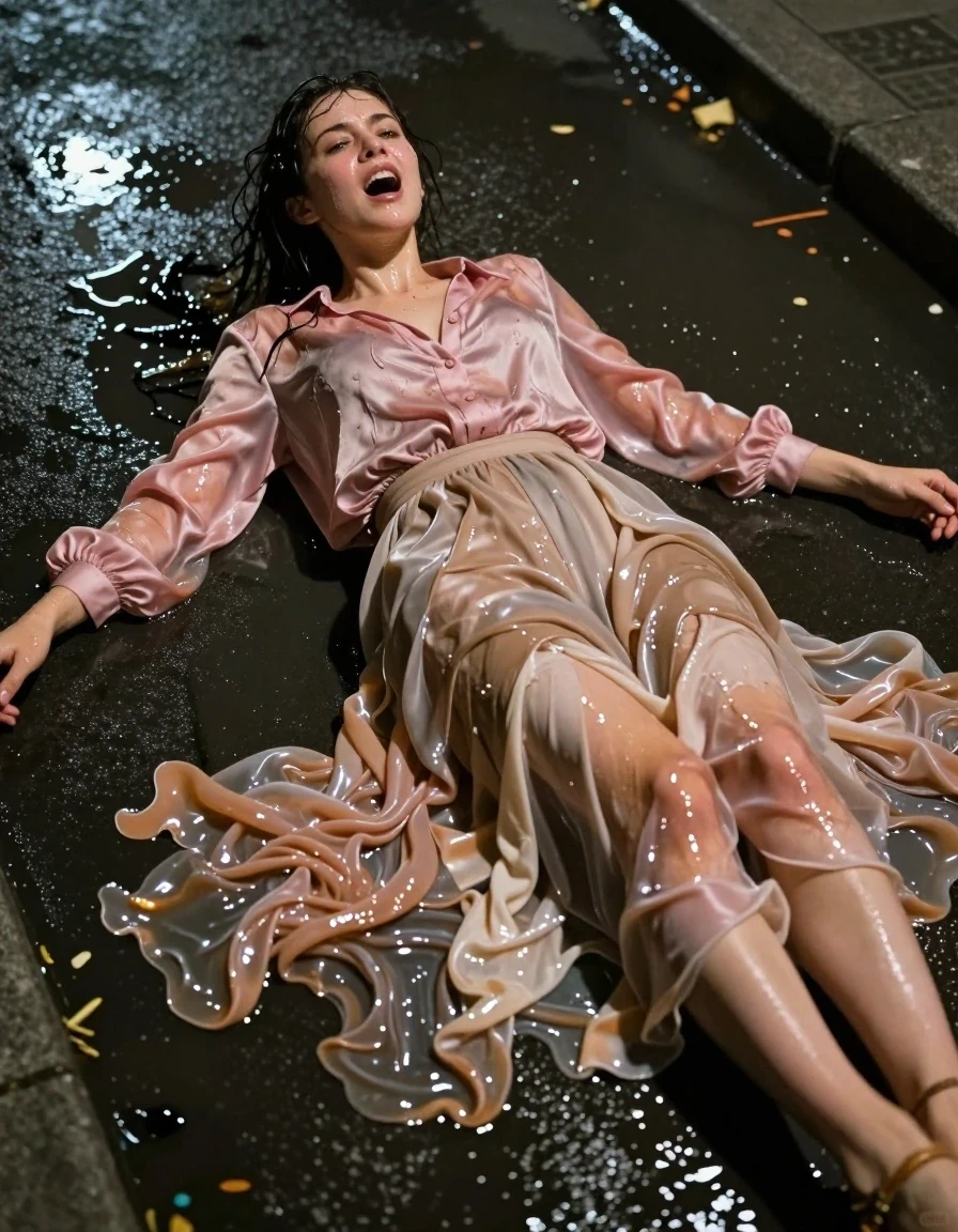 A photorealistic, highly detailed cinematic shot of a young adult European woman lying amidst a puddle of urine on a deserted urban street at night. She is experiencing an intense, visible orgasm, her face flushed and expression ecstatic. Her clothing is completely drenched and clinging to her body; she wears an oversized pink satin long-sleeved blouse, now heavy, darkened, and translucent from the liquid, and a beige floor-length, excessively long silk skirt with multiple layers of petticoats, all soaked through, heavy with fluid, clinging to her legs and the ground, showing deep, saturated fabric folds and wet, glossy highlights. She wears sandals, her feet and ankles coated in liquid. Her skin is glistening with wetness, hair matted and damp. The scene is illuminated by harsh, flickering streetlights that create sharp reflections on the wet pavement and the saturated, fluid-soaked fabrics. High-contrast night photography, 8k resolution, raw texture, realistic fluid physics, visceral detail.