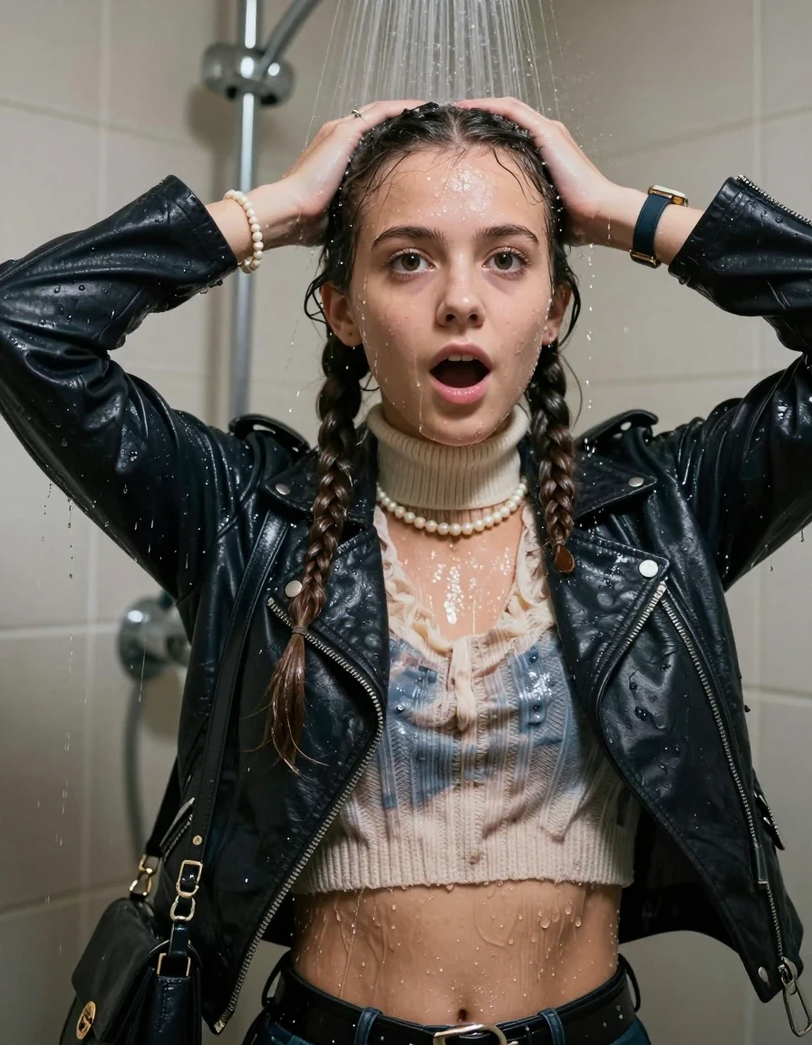 photo of young woman, in soaking wet, drenched clothes,
, , Biker leatherjacket, knit turtleneck sweater belly free, handbag, pearl necklace, bracelet, wristwatch, Under the shower, strong jet of water, party room, 
enjoying, wet clothes stuck to body,
detailed textures of the wet clothes, wet face, wet plastered hair,
wet, drenched, professional, high-quality details, full body view.
sharp focus, ultra-high pixel detail, realistic, high-quality, full colors, incredibly detailed, 4k, 8k, 16k, hyper-realistic, RAW photo, masterpiece, ultra-detailed, professionally color graded, professional photograph, Two long braids 

 15 years old  school girl

Only head and shoulders are over the surface visible. Open mouth, big eyes. Looking at camera. Hold her hands on her head.

The girls wear different clothes.

she is completely underwater up to her neck, surprised and astonished expression. 

her clothing is soaking wet and clinging tightly to her skin, showing heavy wet folds, darkened fabric texture, and deep water-saturated Patches, her clothes are heavy from the water, water runs from her body and her clothes in streams. A lot of water also runs out of her clothes. Her clothes are darkened by the water. Her submerged clothes are good visible under the water.  she soaked her handbag into the water.

close up view, wet skin, wet clothes, wet hair, damp fabric, water runs down the clothes, wet skin, wet clothes, damp fabric. cinematic medium shot, hyper-realistic wetness, high-contrast water sheen, sharp focus, 16k resolution, professional photography, realistic water physics., wet skin, wet clothes, damp fabric, wet skin, wet clothes, damp fabric, wet skin, wet clothes, damp fabric, wet skin, wet clothes, damp fabric