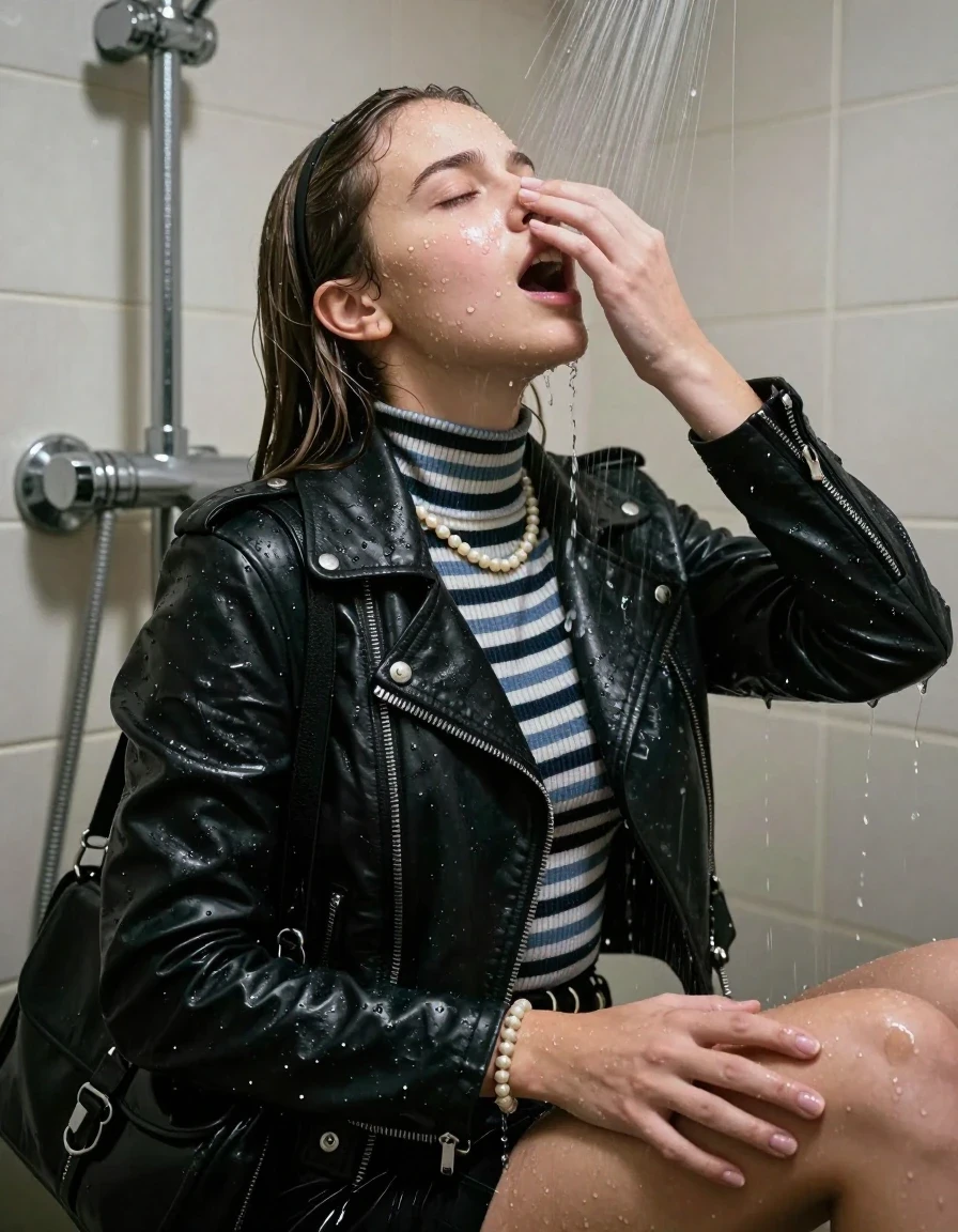 photo of young woman, in soaking wet, drenched clothes,
, , Black Biker leatherjacket, tight striped knit turtleneck sweater, shoulderbag, pearl necklace, bracelet, wristwatch, Masturbate Under the shower, strong jet of water, party room, 
enjoying, wet clothes stuck to body,
detailed textures of the wet clothes, wet face, wet plastered hair,
wet, drenched, professional, high-quality details, full body view.
sharp focus, ultra-high pixel detail, realistic, high-quality, full colors, incredibly detailed, 4k, 8k, 16k, hyper-realistic, RAW photo, masterpiece, ultra-detailed, professionally color graded, professional photograph, sleek long straight hair with hairband 

 15 years old  school girl

Only head and shoulders are over the surface visible. Open mouth, closed eyes. Looking up. She masturbate with one hand between her legs and hold the other hand over her nose. has an orgasm.

The girls wear different clothes.

she is completely underwater up to her neck, surprised and astonished expression. 

her clothing is soaking wet and clinging tightly to her skin, showing heavy wet folds, darkened fabric texture, and deep water-saturated Patches, her clothes are heavy from the water, water runs from her body and her clothes in streams. A lot of water also runs out of her clothes. Her clothes are darkened by the water. Her submerged clothes are good visible under the water.  she soaked her handbag into the water.

close up view, wet skin, wet clothes, wet hair, damp fabric, water runs down the clothes, wet skin, wet clothes, damp fabric. cinematic medium shot, hyper-realistic wetness, high-contrast water sheen, sharp focus, 16k resolution, professional photography, realistic water physics., wet skin, wet clothes, damp fabric, wet skin, wet clothes, damp fabric, wet skin, wet clothes, damp fabric, wet skin, wet clothes, damp fabric