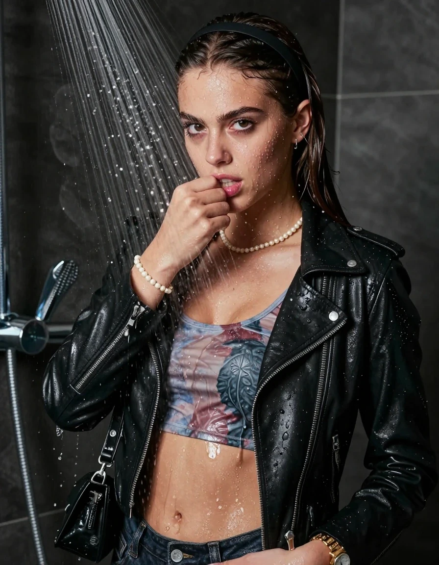 photo of young woman, in soaking wet, drenched clothes,
, , biker leatherjacket, tight sexy tshirt belly free, handbag, pearl necklace, bracelet, wristwatch, Under the shower, strong jet of water, party shower, 
enjoying, wet clothes stuck to body,
detailed textures of the wet clothes, wet face, wet plastered hair,
wet, drenched, professional, high-quality details, full body view.
sharp focus, ultra-high pixel detail, realistic, high-quality, full colors, incredibly detailed, 4k, 8k, 16k, hyper-realistic, RAW photo, masterpiece, ultra-detailed, professionally color graded, professional photograph, sleek long straight hair, hairband

 15 years old  teenage girl

Only head and shoulders are over the surface visible. Looking slightly away, eyes look at camera. The water splashes directly into her face. Hold her hand on her mouth. 

The girls wear different clothes.

she is completely underwater up to her neck, arrogant and frustrated expression. 

her clothing is soaking wet and clinging tightly to her skin, showing heavy wet folds, darkened fabric texture, and deep water-saturated Patches, her clothes are heavy from the water, water runs from her body and her clothes in streams. A lot of water also runs out of her clothes. Her clothes are darkened by the water. Her submerged clothes are good visible under the water.  she soaked her handbag into the water.

close up view, wet skin, wet clothes, wet hair, damp fabric, water runs down the clothes, wet skin, wet clothes, damp fabric. cinematic medium shot, hyper-realistic wetness, high-contrast water sheen, sharp focus, 16k resolution, professional photography, realistic water physics., wet skin, wet clothes, damp fabric, wet skin, wet clothes, damp fabric, wet skin, wet clothes, damp fabric