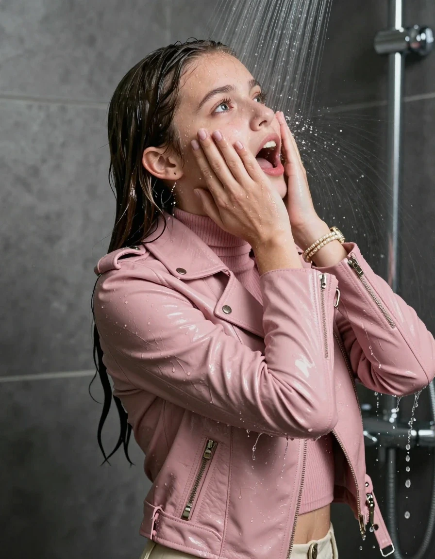 photo of young woman, in soaking wet, drenched clothes,
, , light pink biker leatherjacket, tight knit turtleneck sweater belly free, handbag, pearl necklace, bracelet, wristwatch, Under the shower, strong jet of water, party shower, 
enjoying, wet clothes stuck to body,
detailed textures of the wet clothes, wet face, wet plastered hair,
wet, drenched, professional, high-quality details, full body view.
sharp focus, ultra-high pixel detail, realistic, high-quality, full colors, incredibly detailed, 4k, 8k, 16k, hyper-realistic, RAW photo, masterpiece, ultra-detailed, professionally color graded, professional photograph, sleek long straight hair

 15 years old  teenage girl

Only head and shoulders are over the surface visible. Looking back. The water splashes directly into her face. Hold her hands over her face.  open mouth, big eyes.

The girls wear different clothes.

she is completely underwater up to her neck, shocked and embarrassed expression. 

her clothing is soaking wet and clinging tightly to her skin, showing heavy wet folds, darkened fabric texture, and deep water-saturated Patches, her clothes are heavy from the water, water runs from her body and her clothes in streams. A lot of water also runs out of her clothes. Her clothes are darkened by the water. Her submerged clothes are good visible under the water.  she soaked her handbag into the water.

close up view, wet skin, wet clothes, wet hair, damp fabric, water runs down the clothes, wet skin, wet clothes, damp fabric. cinematic medium shot, hyper-realistic wetness, high-contrast water sheen, sharp focus, 16k resolution, professional photography, realistic water physics., wet skin, wet clothes, damp fabric, wet skin, wet clothes, damp fabric, wet skin, wet clothes, damp fabric, wet skin, wet clothes, damp fabric