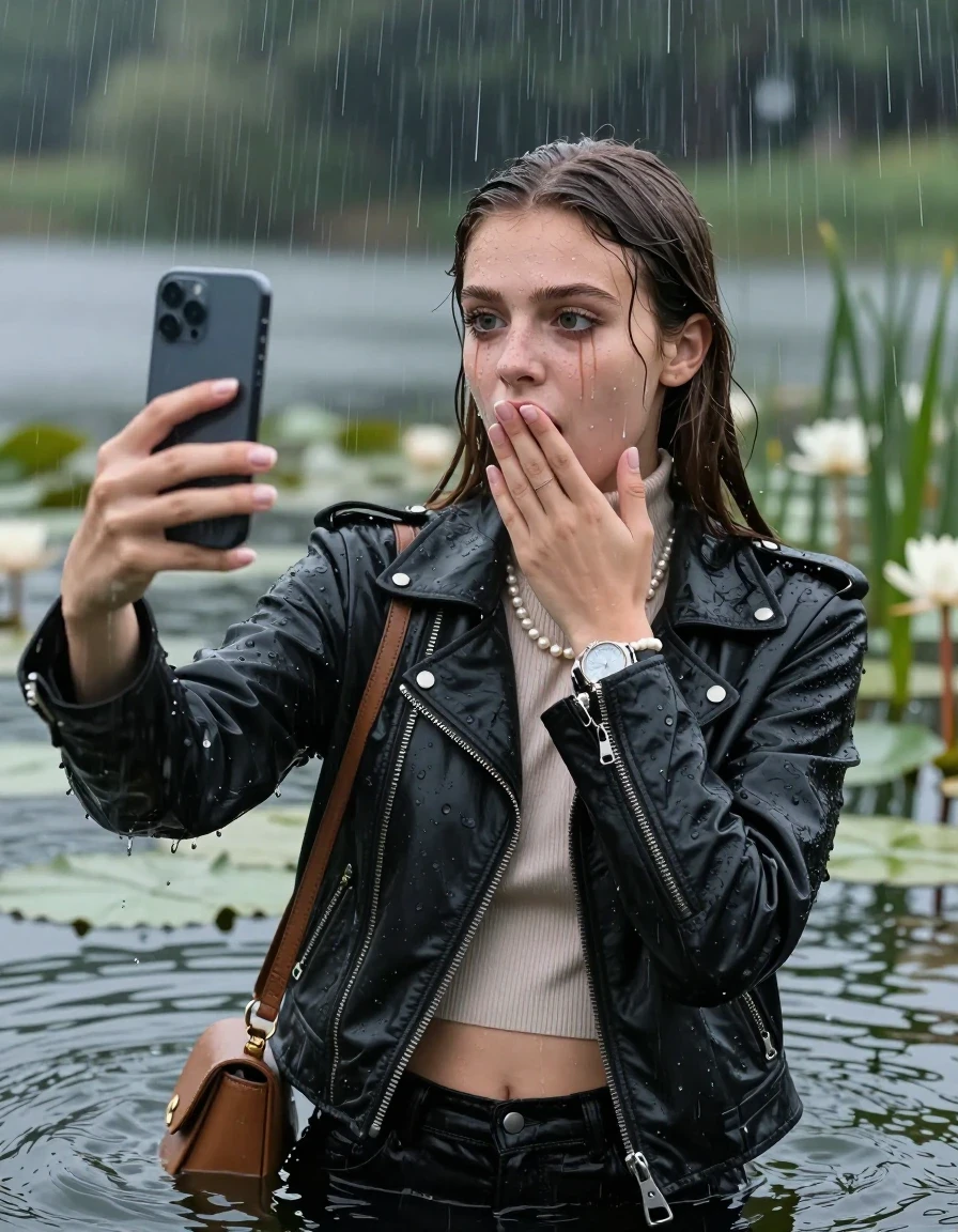photo of young woman, in soaking wet, drenched clothes,
, , Black Biker leatherjacket and light brown leatherjacket, tight knit turtleneck sweater belly free, handbag, pearl necklace, bracelet, wristwatch, Emerging after diving in a lake with water lilies and reeds, heavy rain falls directely on her heads, 
enjoying, wet clothes stuck to body,
detailed textures of the wet clothes, wet face, wet plastered hair,
wet, drenched, professional, high-quality details, full body view.
sharp focus, ultra-high pixel detail, realistic, high-quality, full colors, incredibly detailed, 4k, 8k, 16k, hyper-realistic, RAW photo, masterpiece, ultra-detailed, professionally color graded, professional photograph, sleek long straight hair

15 years old  teenage girls

Only head and shoulders are over the surface visible. Open mouth, big eyes. Looking at camera. hold one hand on her mouth and take with the other hand a selfie with her smartphone. Eyeliner is running down the cheeks.

The girls wear different clothes.

she is completely underwater up to her neck, horny and astonished expression. 

her clothing is soaking wet and clinging tightly to her skin, showing heavy wet folds, darkened fabric texture, and deep water-saturated Patches, her clothes are heavy from the water, water runs from her body and her clothes in streams. A lot of water also runs out of her clothes. Her clothes are darkened by the water. Her submerged clothes are good visible under the water.  she soaked her handbag into the water.

close up view, wet skin, wet clothes, wet hair, damp fabric, water runs down the clothes, wet skin, wet clothes, damp fabric. cinematic medium shot, hyper-realistic wetness, high-contrast water sheen, sharp focus, 16k resolution, professional photography, realistic water physics., wet skin, wet clothes, damp fabric, wet skin, wet clothes, damp fabric, wet skin, wet clothes, damp fabric