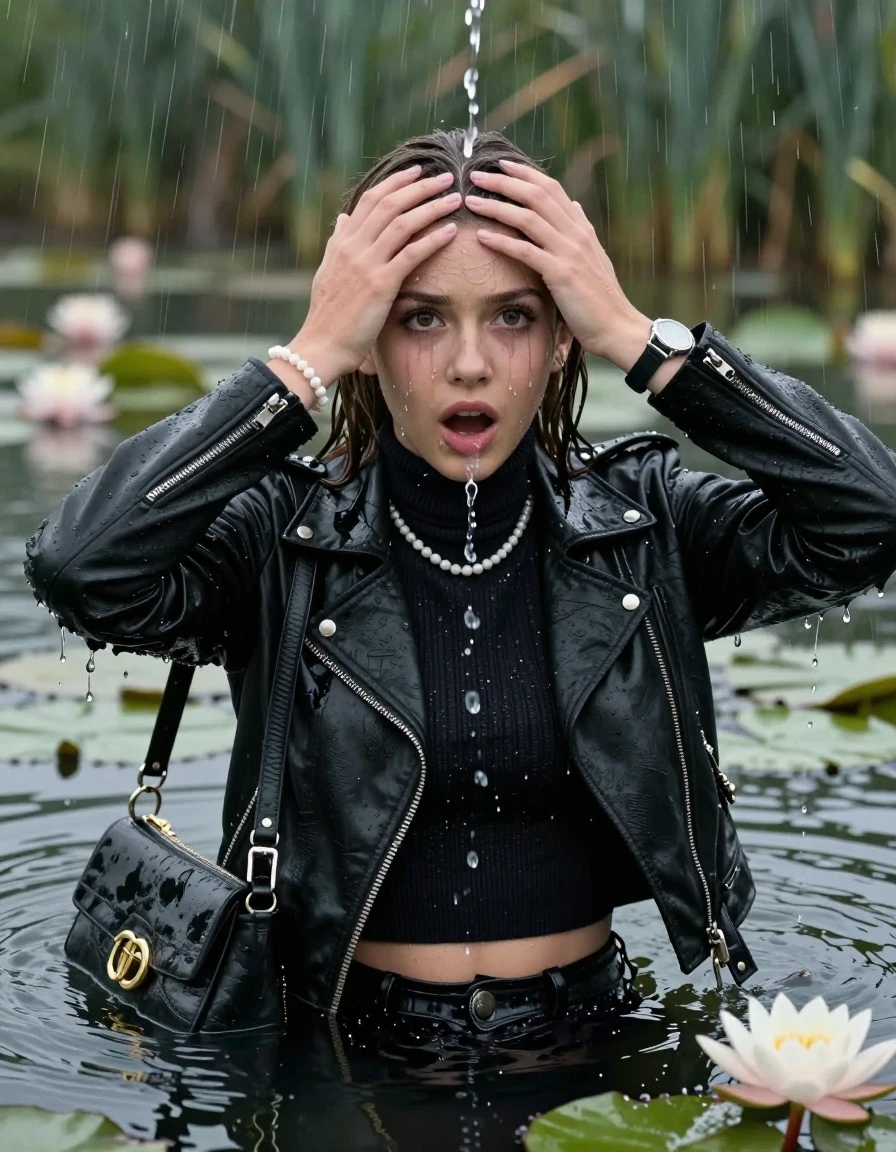 photo of young woman, in soaking wet, drenched clothes,
, , Black Biker leatherjacket, tight knit turtleneck sweater belly free, handbag, pearl necklace, bracelet, wristwatch, drowning in a lake with water lilies and reeds, heavy rain falls directely on her heads, 
enjoying, wet clothes stuck to body,
detailed textures of the wet clothes, wet face, wet plastered hair,
wet, drenched, professional, high-quality details, full body view.
sharp focus, ultra-high pixel detail, realistic, high-quality, full colors, incredibly detailed, 4k, 8k, 16k, hyper-realistic, RAW photo, masterpiece, ultra-detailed, professionally color graded, professional photograph, sleek long straight hair

15 years old  teenage girls

Only head and shoulders are over the surface visible. Open mouth, big eyes. Eyeliner is running down the cheeks. hold her hands in front of her forehead. spits out water.

The girls wear different clothes.

she is completely underwater up to her neck, afraid and astonished expression. 

her clothing is soaking wet and clinging tightly to her skin, showing heavy wet folds, darkened fabric texture, and deep water-saturated Patches, her clothes are heavy from the water, water runs from her body and her clothes in streams. A lot of water also runs out of her clothes. Her clothes are darkened by the water. Her submerged clothes are good visible under the water.  she soaked her handbag into the water.

close up view, wet skin, wet clothes, wet hair, damp fabric, water runs down the clothes, wet skin, wet clothes, damp fabric. cinematic medium shot, hyper-realistic wetness, high-contrast water sheen, sharp focus, 16k resolution, professional photography, realistic water physics., wet skin, wet clothes, damp fabric, wet skin, wet clothes, damp fabric, wet skin, wet clothes, damp fabric