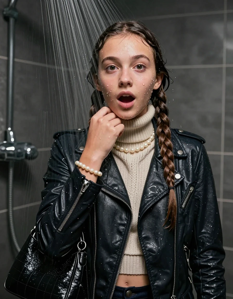 photo of young woman, in soaking wet, drenched clothes,
, , Biker leatherjacket, knit turtleneck sweater belly free, handbag, pearl necklace, bracelet, wristwatch, Under the shower, strong jet of water, party room, 
enjoying, wet clothes stuck to body,
detailed textures of the wet clothes, wet face, wet plastered hair,
wet, drenched, professional, high-quality details, full body view.
sharp focus, ultra-high pixel detail, realistic, high-quality, full colors, incredibly detailed, 4k, 8k, 16k, hyper-realistic, RAW photo, masterpiece, ultra-detailed, professionally color graded, professional photograph, Two long braids 

 15 years old  school girl

Only head and shoulders are over the surface visible. Open mouth, big eyes. Looking at camera. Hold her hand on her chin.

The girls wear different clothes.

she is completely underwater up to her neck, surprised and astonished expression. 

her clothing is soaking wet and clinging tightly to her skin, showing heavy wet folds, darkened fabric texture, and deep water-saturated Patches, her clothes are heavy from the water, water runs from her body and her clothes in streams. A lot of water also runs out of her clothes. Her clothes are darkened by the water. Her submerged clothes are good visible under the water.  she soaked her handbag into the water.

close up view, wet skin, wet clothes, wet hair, damp fabric, water runs down the clothes, wet skin, wet clothes, damp fabric. cinematic medium shot, hyper-realistic wetness, high-contrast water sheen, sharp focus, 16k resolution, professional photography, realistic water physics., wet skin, wet clothes, damp fabric, wet skin, wet clothes, damp fabric, wet skin, wet clothes, damp fabric, wet skin, wet clothes, damp fabric