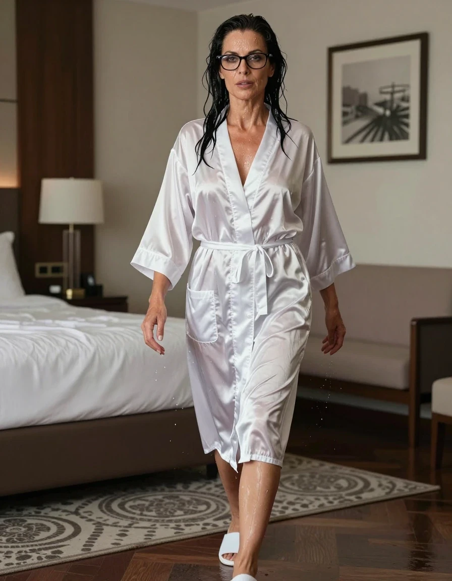 photo of young woman, in soaking wet, drenched clothes,
slippers, white maxi satin housecoat, white maxi satin housecoat, walking in hotel room, enjoying wet clothes stuck body, enjoying, wet clothes stuck to body, 
enjoying, wet clothes stuck to body,
detailed textures of the wet clothes, wet face, wet plastered hair,
wet, drenched, professional, high-quality details, full body view.
sharp focus, ultra-high pixel detail, realistic, high-quality, full colors, incredibly detailed, 4k, 8k, 16k, hyper-realistic, RAW photo, masterpiece, ultra-detailed, professionally color graded, professional photograph, europen brunette skinny woman 50 years old, long dark black hair, very big and thick lips,  office glasses, complete body, wet skin, wet clothes, damp fabric, wet skin, wet clothes, damp fabric, wet skin, wet clothes, damp fabric, wet skin, wet clothes, damp fabric, wet skin, wet clothes, damp fabric, wet skin, wet clothes, damp fabric, wet skin, wet clothes, damp fabric