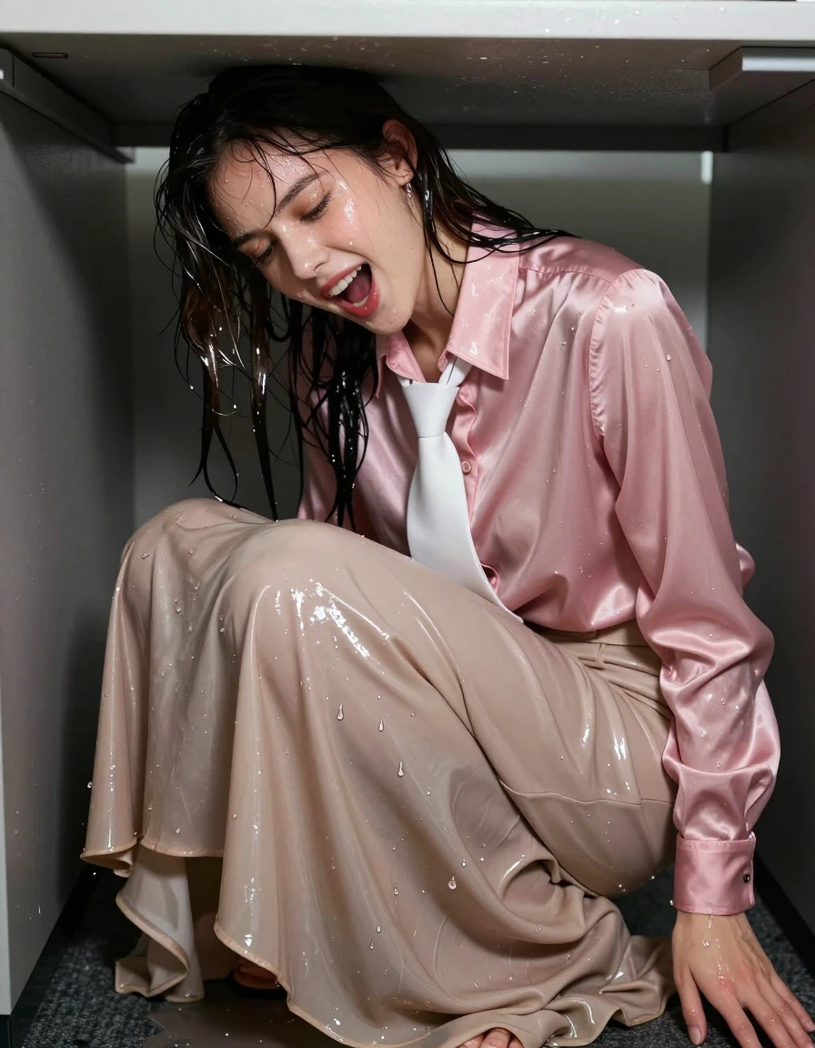 A young adult European woman hiding under a cramped office cubicle table, captured in a moment of intense, ecstatic orgasm. She is fully drenched, with wet, matted hair clinging to her face and neck, and glistening water sheen covering her skin. She wears a pink satin long-sleeved oversized blouse with a crisp white necktie, the fabric heavily soaked, darkened, and clinging to her skin with visible wet folds and high-specular reflections. She is wearing a beige floor-length excessively long silk skirt, layered with petticoats, the silk heavy and saturated with water, clinging to her legs and pooling on the floor. She wears sandals on her feet. The environment is a dimly lit, cramped office space beneath a desk. Photorealistic, 8k, cinematic lighting, high-contrast wet textures, intimate close-up perspective, sharp focus on facial expression and wet fabric details, professional photography.