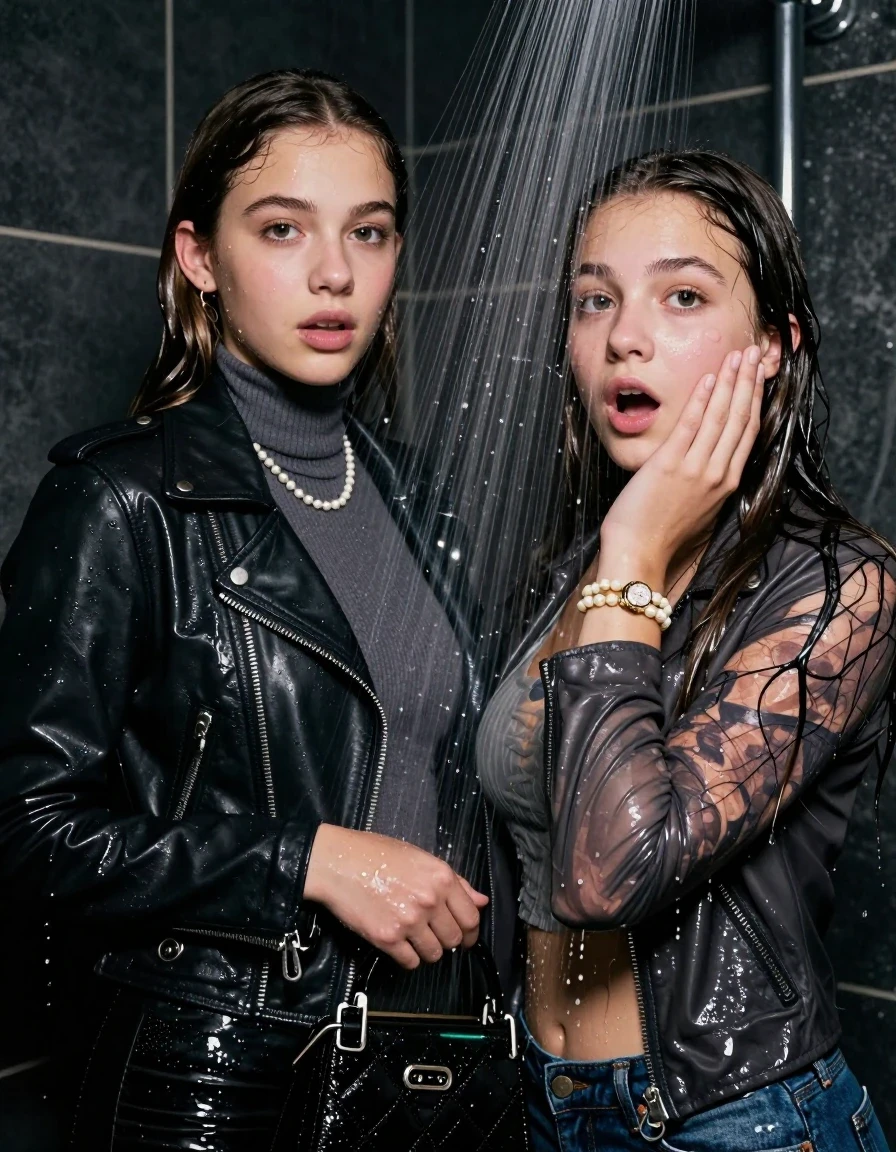photo of young woman, in soaking wet, drenched clothes,
, , Biker leatherjacket, Tight knit turtleneck sweater belly free, handbag, pearl necklace, bracelet, wristwatch, Under the shower, strong jet of water, party room, 
enjoying, wet clothes stuck to body,
detailed textures of the wet clothes, wet face, wet plastered hair,
wet, drenched, professional, high-quality details, full body view.
sharp focus, ultra-high pixel detail, realistic, high-quality, full colors, incredibly detailed, 4k, 8k, 16k, hyper-realistic, RAW photo, masterpiece, ultra-detailed, professionally color graded, professional photograph, sleek long straight hair

Two 15 years old  teenage girl

Only head and shoulders are over the surface visible. Open mouth, big eyes. Looking at camera. Hold her hand in front of her cheek.

The girls wear different clothes.

she is completely underwater up to her neck, surprised and astonished expression. 

her clothing is soaking wet and clinging tightly to her skin, showing heavy wet folds, darkened fabric texture, and deep water-saturated Patches, her clothes are heavy from the water, water runs from her body and her clothes in streams. A lot of water also runs out of her clothes. Her clothes are darkened by the water. Her submerged clothes are good visible under the water.  she soaked her handbag into the water.

close up view, wet skin, wet clothes, wet hair, damp fabric, water runs down the clothes, wet skin, wet clothes, damp fabric. cinematic medium shot, hyper-realistic wetness, high-contrast water sheen, sharp focus, 8k resolution, professional photography, realistic water physics., wet skin, wet clothes, damp fabric