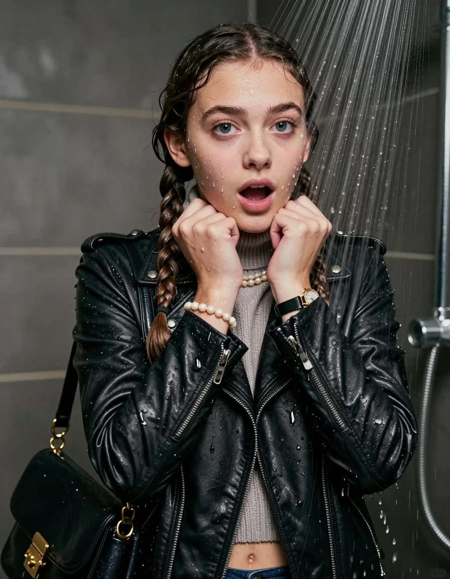 photo of young woman, in soaking wet, drenched clothes,
, , Biker leatherjacket, knit turtleneck sweater belly free, handbag, pearl necklace, bracelet, wristwatch, Under the shower, strong jet of water, party room, 
enjoying, wet clothes stuck to body,
detailed textures of the wet clothes, wet face, wet plastered hair,
wet, drenched, professional, high-quality details, full body view.
sharp focus, ultra-high pixel detail, realistic, high-quality, full colors, incredibly detailed, 4k, 8k, 16k, hyper-realistic, RAW photo, masterpiece, ultra-detailed, professionally color graded, professional photograph, Two long braids 

 15 years old  school girl

Only head and shoulders are over the surface visible. Open mouth, big eyes. Looking at camera. Hold her hands on her chin.

The girls wear different clothes.

she is completely underwater up to her neck, surprised and astonished expression. 

her clothing is soaking wet and clinging tightly to her skin, showing heavy wet folds, darkened fabric texture, and deep water-saturated Patches, her clothes are heavy from the water, water runs from her body and her clothes in streams. A lot of water also runs out of her clothes. Her clothes are darkened by the water. Her submerged clothes are good visible under the water.  she soaked her handbag into the water.

close up view, wet skin, wet clothes, wet hair, damp fabric, water runs down the clothes, wet skin, wet clothes, damp fabric. cinematic medium shot, hyper-realistic wetness, high-contrast water sheen, sharp focus, 16k resolution, professional photography, realistic water physics., wet skin, wet clothes, damp fabric, wet skin, wet clothes, damp fabric, wet skin, wet clothes, damp fabric, wet skin, wet clothes, damp fabric