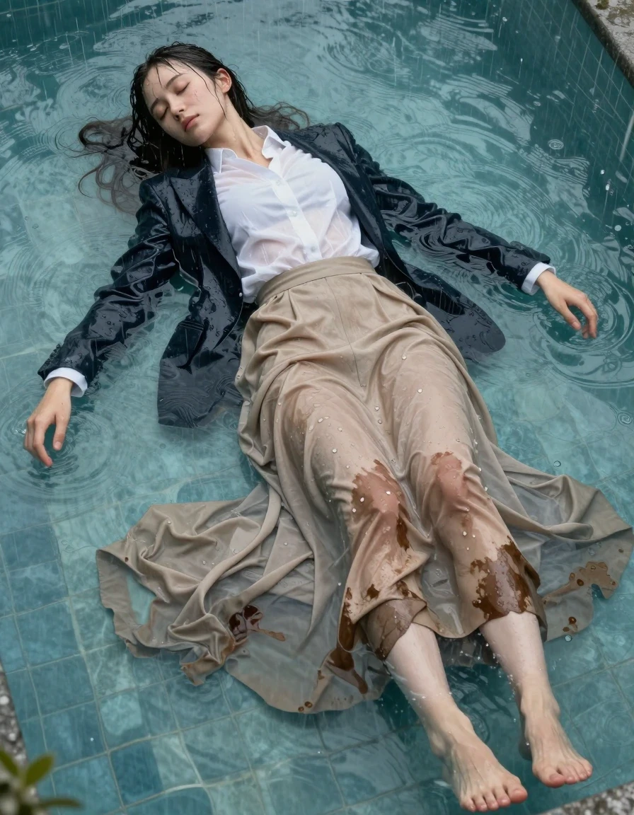 A photorealistic medium shot of a young adult European woman sleeping peacefully while partially submerged in a shallow outdoor pool during a heavy rainstorm. She is wearing a crisp white shirt with the top button fastened under a tailored tuxedo jacket, with the fabric heavily soaked, darkened, and clinging to her skin, showing deep saturation and water-heavy folds. She wears a floor-length, excessively long beige skirt that is completely water-saturated, heavy, and clinging to her legs, with darker, unevenly soaked patches and visible fabric texture. Her bare feet are visible resting against the pool floor, showing wet skin with a natural sheen. The rain creates constant ripples on the water surface around her, and her hair is matted and dripping wet, reflecting the moody, overcast light. Cinematic lighting highlights the glistening wet textures of the fabric and skin, high-resolution photography, hyper-realistic water droplets, and realistic wet-look physics.