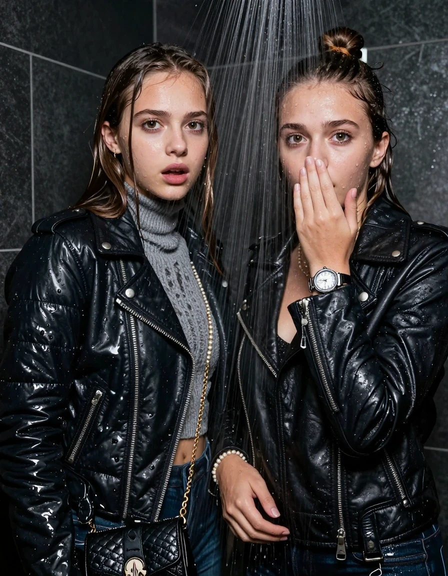 photo of young woman, in soaking wet, drenched clothes,
, , Biker leatherjacket and moncler shiny puffer down jacket, knit turtleneck sweater belly free, handbag, pearl necklace, bracelet, wristwatch, Under the shower, strong jet of water, party room, 
enjoying, wet clothes stuck to body,
detailed textures of the wet clothes, wet face, wet plastered hair,
wet, drenched, professional, high-quality details, full body view.
sharp focus, ultra-high pixel detail, realistic, high-quality, full colors, incredibly detailed, 4k, 8k, 16k, hyper-realistic, RAW photo, masterpiece, ultra-detailed, professionally color graded, professional photograph, sleek long straight hair and topknot

 two 15 years old  teenage girls

Only head and shoulders are over the surface visible. Open mouth, big eyes. Looking at camera. Hold her hand in front of her nose.

The girls wear different clothes.

she is completely underwater up to her neck, afraid and astonished expression. 

her clothing is soaking wet and clinging tightly to her skin, showing heavy wet folds, darkened fabric texture, and deep water-saturated Patches, her clothes are heavy from the water, water runs from her body and her clothes in streams. A lot of water also runs out of her clothes. Her clothes are darkened by the water. Her submerged clothes are good visible under the water.  she soaked her handbag into the water.

close up view, wet skin, wet clothes, wet hair, damp fabric, water runs down the clothes, wet skin, wet clothes, damp fabric. cinematic medium shot, hyper-realistic wetness, high-contrast water sheen, sharp focus, 16k resolution, professional photography, realistic water physics., wet skin, wet clothes, damp fabric, wet skin, wet clothes, damp fabric, wet skin, wet clothes, damp fabric