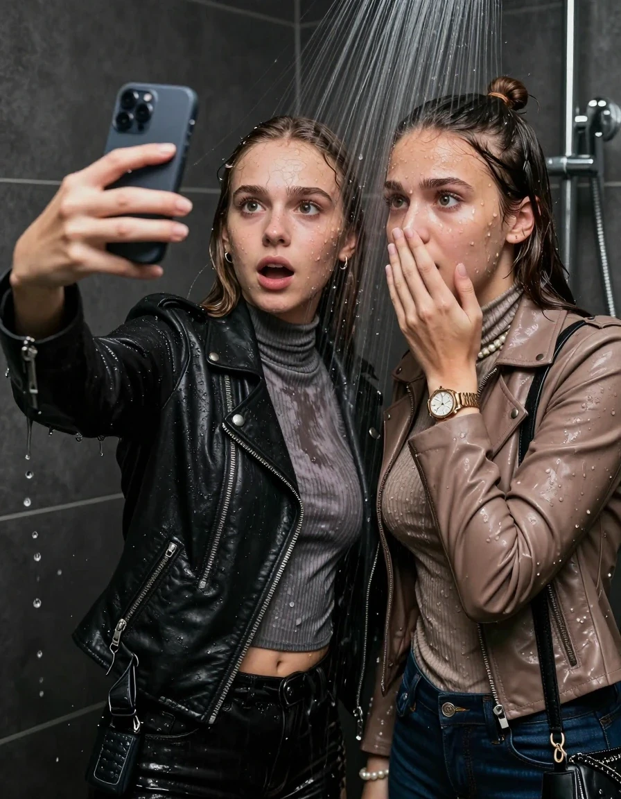 photo of young woman, in soaking wet, drenched clothes,
, , Black Biker leatherjacket and light brown leatherjacket, tight knit turtleneck sweater belly free, handbag, pearl necklace, bracelet, wristwatch, Under the shower, strong jet of water, party room, 
enjoying, wet clothes stuck to body,
detailed textures of the wet clothes, wet face, wet plastered hair,
wet, drenched, professional, high-quality details, full body view.
sharp focus, ultra-high pixel detail, realistic, high-quality, full colors, incredibly detailed, 4k, 8k, 16k, hyper-realistic, RAW photo, masterpiece, ultra-detailed, professionally color graded, professional photograph, sleek long straight hair and topknot

 two 15 years old  teenage girls

Only head and shoulders are over the surface visible. Open mouth, big eyes. Looking at camera. Hold her hand in front of her nose. one girl take a selfie with her smartphone.

The girls wear different clothes.

she is completely underwater up to her neck, afraid and astonished expression. 

her clothing is soaking wet and clinging tightly to her skin, showing heavy wet folds, darkened fabric texture, and deep water-saturated Patches, her clothes are heavy from the water, water runs from her body and her clothes in streams. A lot of water also runs out of her clothes. Her clothes are darkened by the water. Her submerged clothes are good visible under the water.  she soaked her handbag into the water.

close up view, wet skin, wet clothes, wet hair, damp fabric, water runs down the clothes, wet skin, wet clothes, damp fabric. cinematic medium shot, hyper-realistic wetness, high-contrast water sheen, sharp focus, 16k resolution, professional photography, realistic water physics., wet skin, wet clothes, damp fabric, wet skin, wet clothes, damp fabric, wet skin, wet clothes, damp fabric