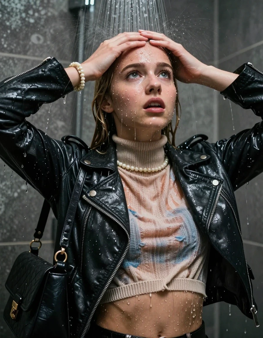 photo of young woman, in soaking wet, drenched clothes,
, , Biker leatherjacket, knit turtleneck sweater belly free, handbag, pearl necklace, bracelet, wristwatch, Under the shower, strong jet of water, party room, 
enjoying, wet clothes stuck to body,
detailed textures of the wet clothes, wet face, wet plastered hair,
wet, drenched, professional, high-quality details, full body view.
sharp focus, ultra-high pixel detail, realistic, high-quality, full colors, incredibly detailed, 4k, 8k, 16k, hyper-realistic, RAW photo, masterpiece, ultra-detailed, professionally color graded, professional photograph, blonde pigtails

 15 years old  teenage girl

Only head and shoulders are over the surface visible. Looking up. Hold her hands over her forehead.

The girls wear different clothes.

she is completely underwater up to her neck, afraid and embarrassed expression. 

her clothing is soaking wet and clinging tightly to her skin, showing heavy wet folds, darkened fabric texture, and deep water-saturated Patches, her clothes are heavy from the water, water runs from her body and her clothes in streams. A lot of water also runs out of her clothes. Her clothes are darkened by the water. Her submerged clothes are good visible under the water.  she soaked her handbag into the water.

close up view, wet skin, wet clothes, wet hair, damp fabric, water runs down the clothes, wet skin, wet clothes, damp fabric. cinematic medium shot, hyper-realistic wetness, high-contrast water sheen, sharp focus, 8k resolution, professional photography, realistic water physics., wet skin, wet clothes, damp fabric, wet skin, wet clothes, damp fabric, wet skin, wet clothes, damp fabric